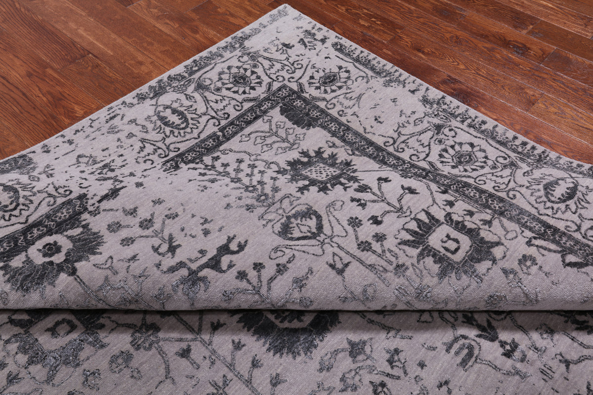 Grey Square Persian Tabriz Hand Knotted Wool & Silk Rug - 8' 0" X 8' 0"