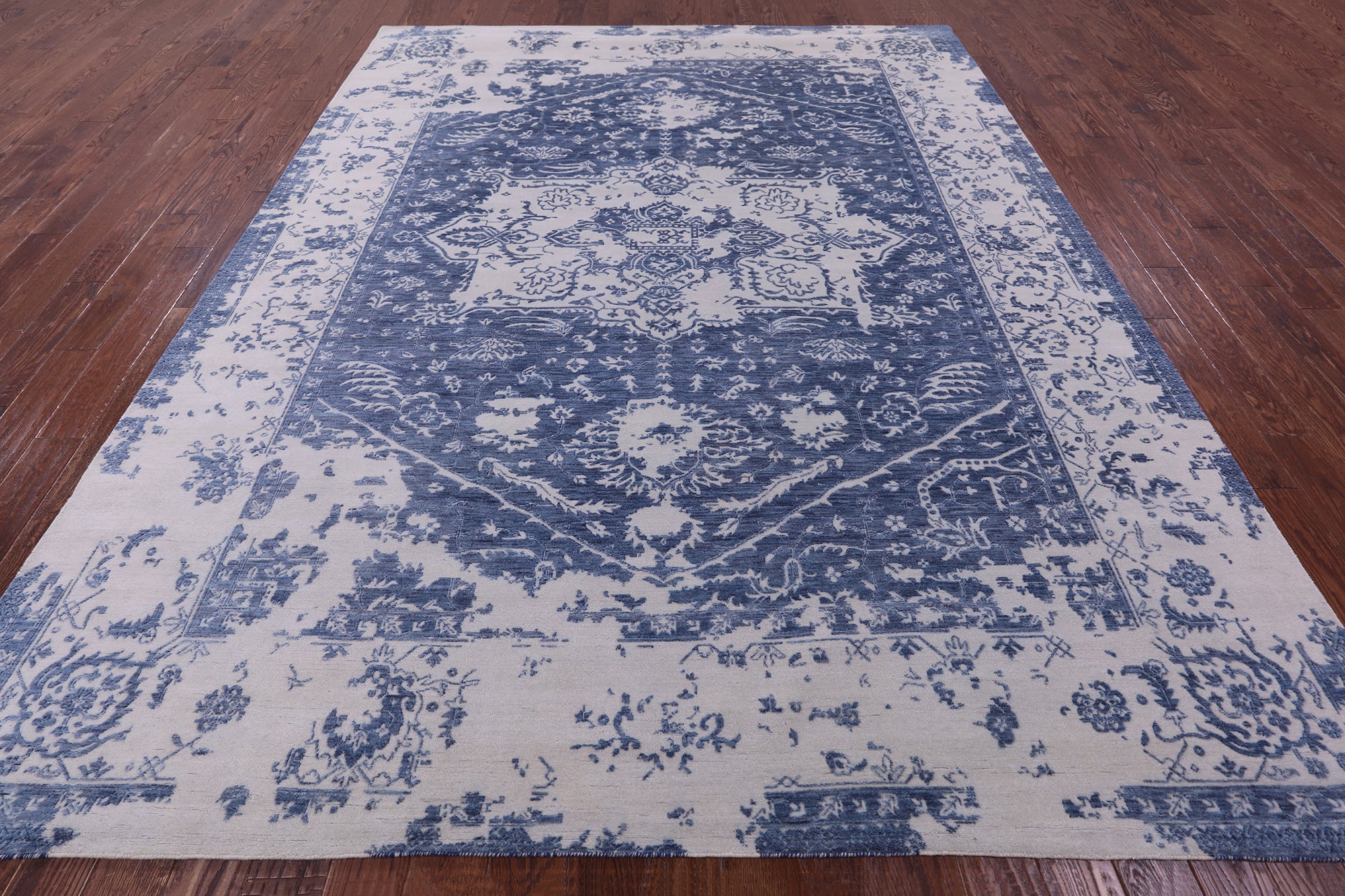 Blue Persian Fine Serapi Hand Knotted Wool Rug - 9' 0" X 11' 8" - Golden Nile