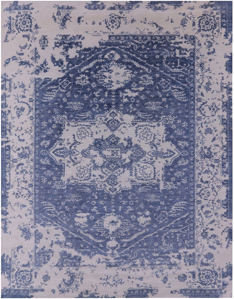 Blue Persian Fine Serapi Hand Knotted Wool Rug - 9' 0" X 11' 8" - Golden Nile
