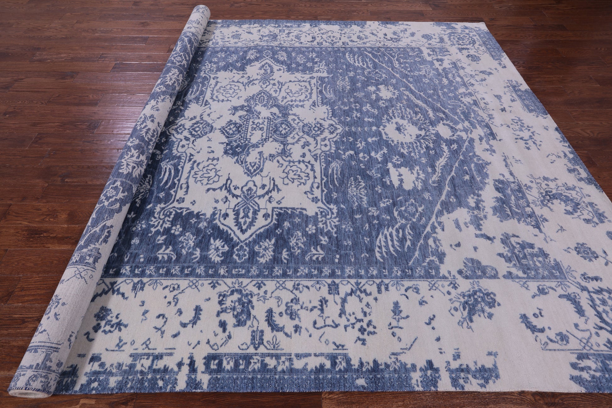 Blue Persian Fine Serapi Hand Knotted Wool Rug - 9' 0" X 11' 8" - Golden Nile