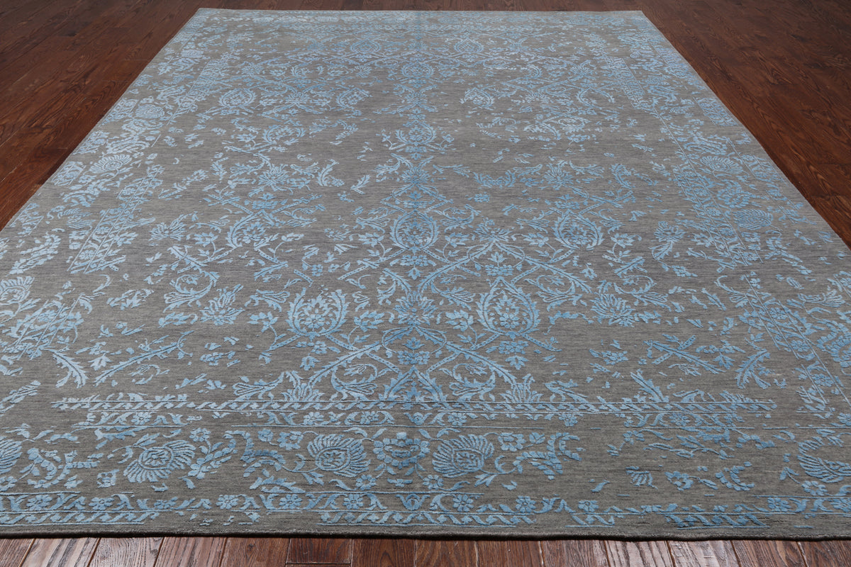 Grey Persian Tabriz Hand Knotted Wool & Silk Rug - 9' 0" X 12' 0"