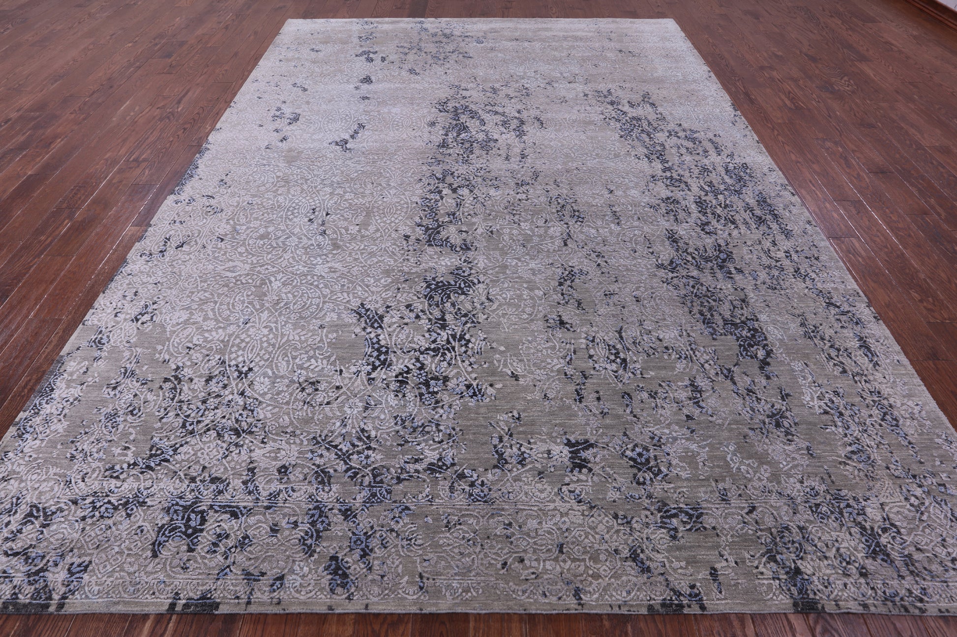 Grey Contemporary Hand Knotted Wool & Silk Rug - 8' 11" X 12' 2" - Golden Nile