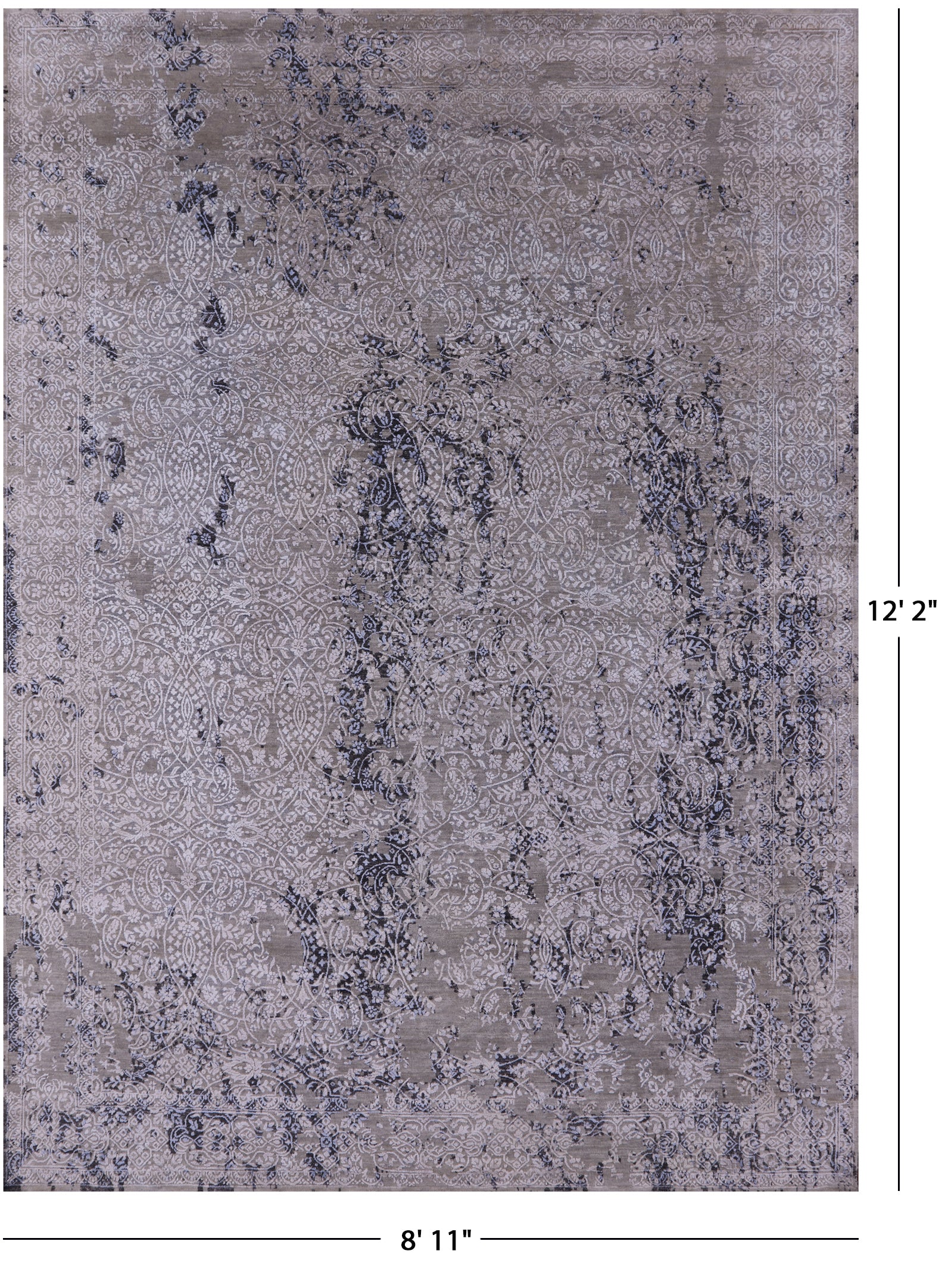 Grey Contemporary Hand Knotted Wool & Silk Rug - 8' 11" X 12' 2" - Golden Nile