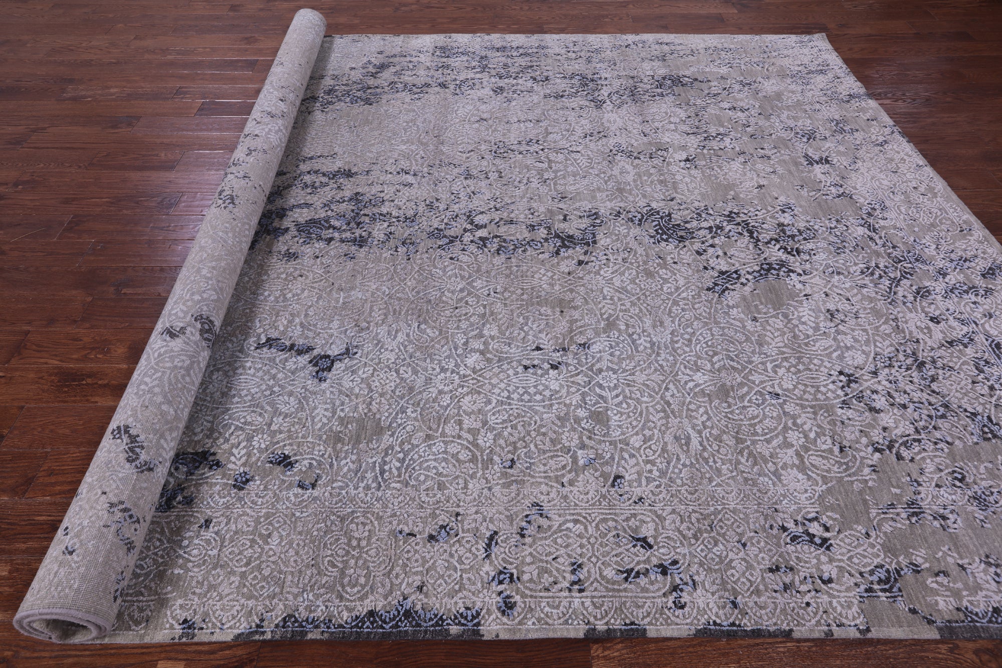 Grey Contemporary Hand Knotted Wool & Silk Rug - 8' 11" X 12' 2" - Golden Nile