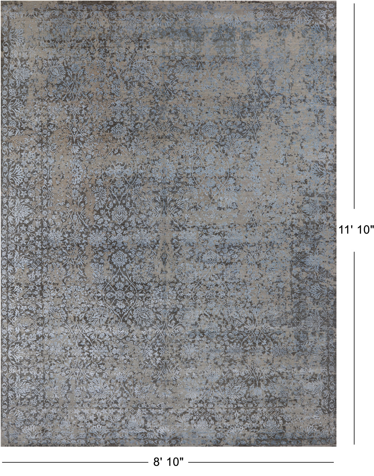 Grey Persian Tabriz Hand Knotted Wool & Silk Rug - 8' 10" X 11' 10"