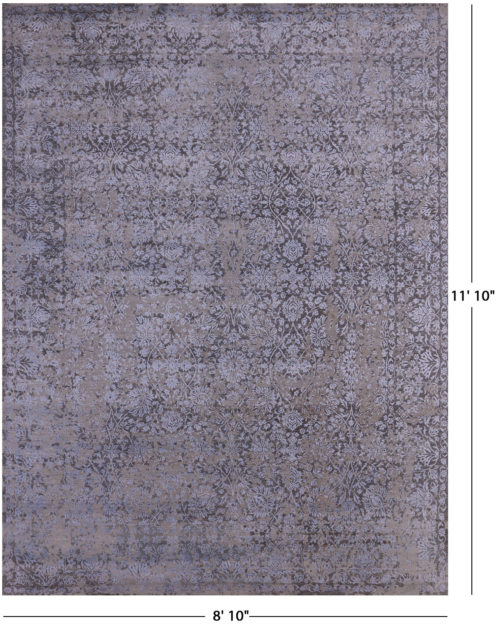 Grey Persian Tabriz Hand Knotted Wool & Silk Rug - 8' 10" X 11' 10" - Golden Nile