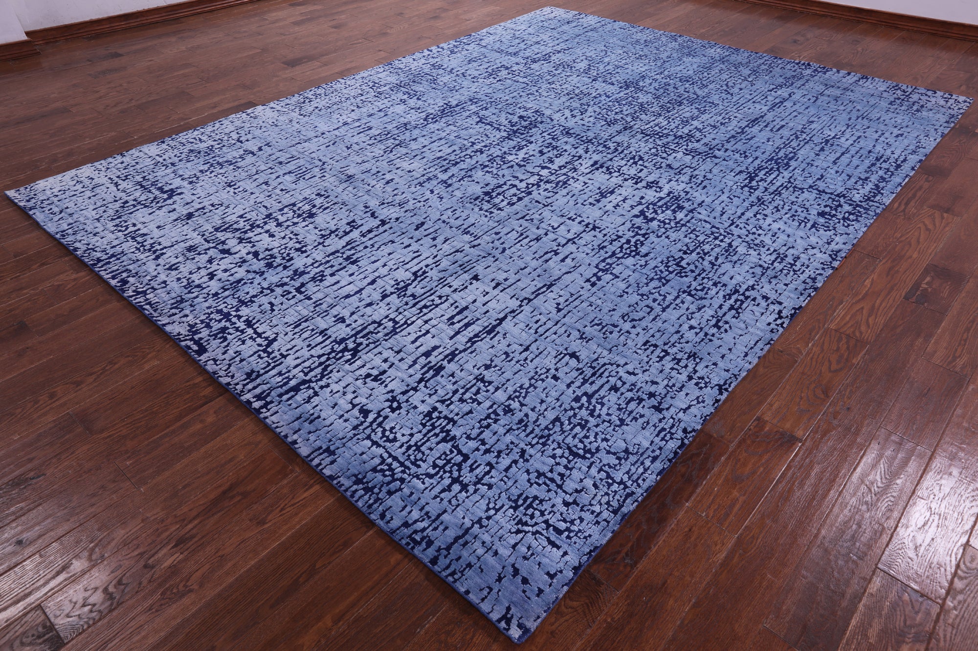 Blue Abstract Contemporary Handmade Wool & Silk Rug - 8' 11" X 12' 0" - Golden Nile