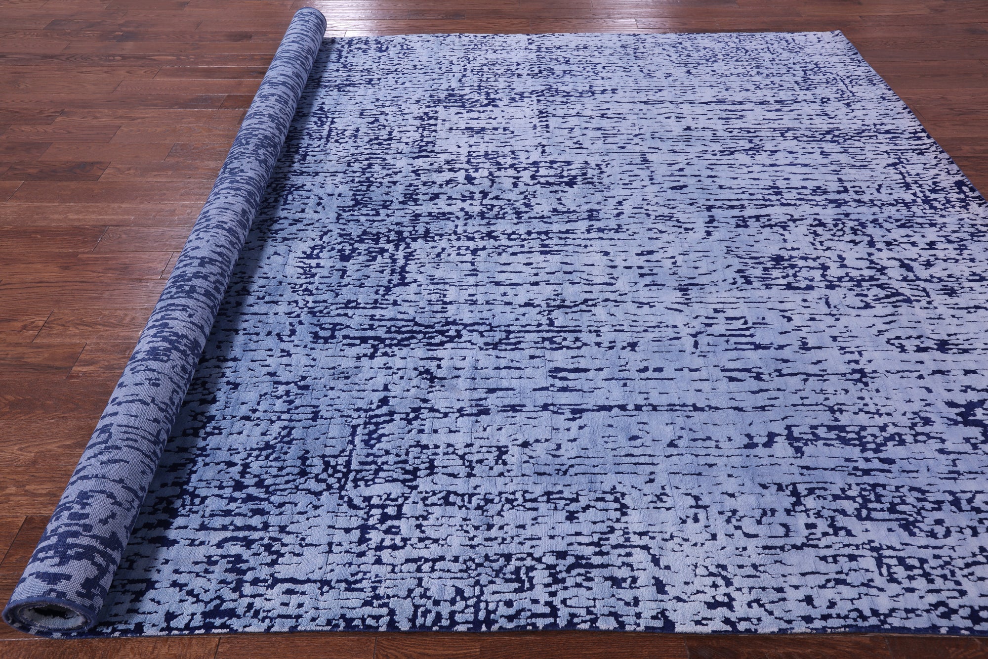 Blue Abstract Contemporary Handmade Wool & Silk Rug - 8' 11" X 12' 0" - Golden Nile
