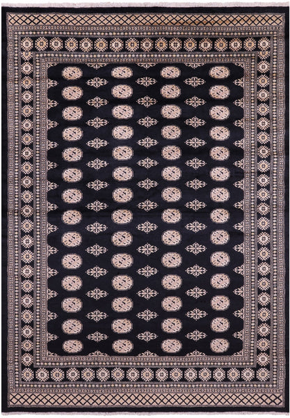 Black Bokhara Hand Knotted Wool Rug - 6' 7" X 9' 4" - Golden Nile