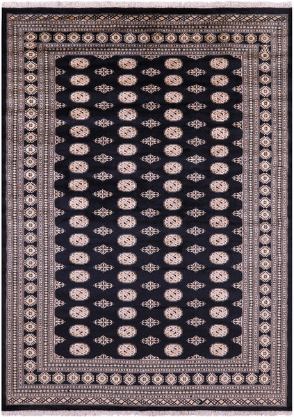 Black Bokhara Hand Knotted Wool Rug - 7' 2" X 9' 8" - Golden Nile