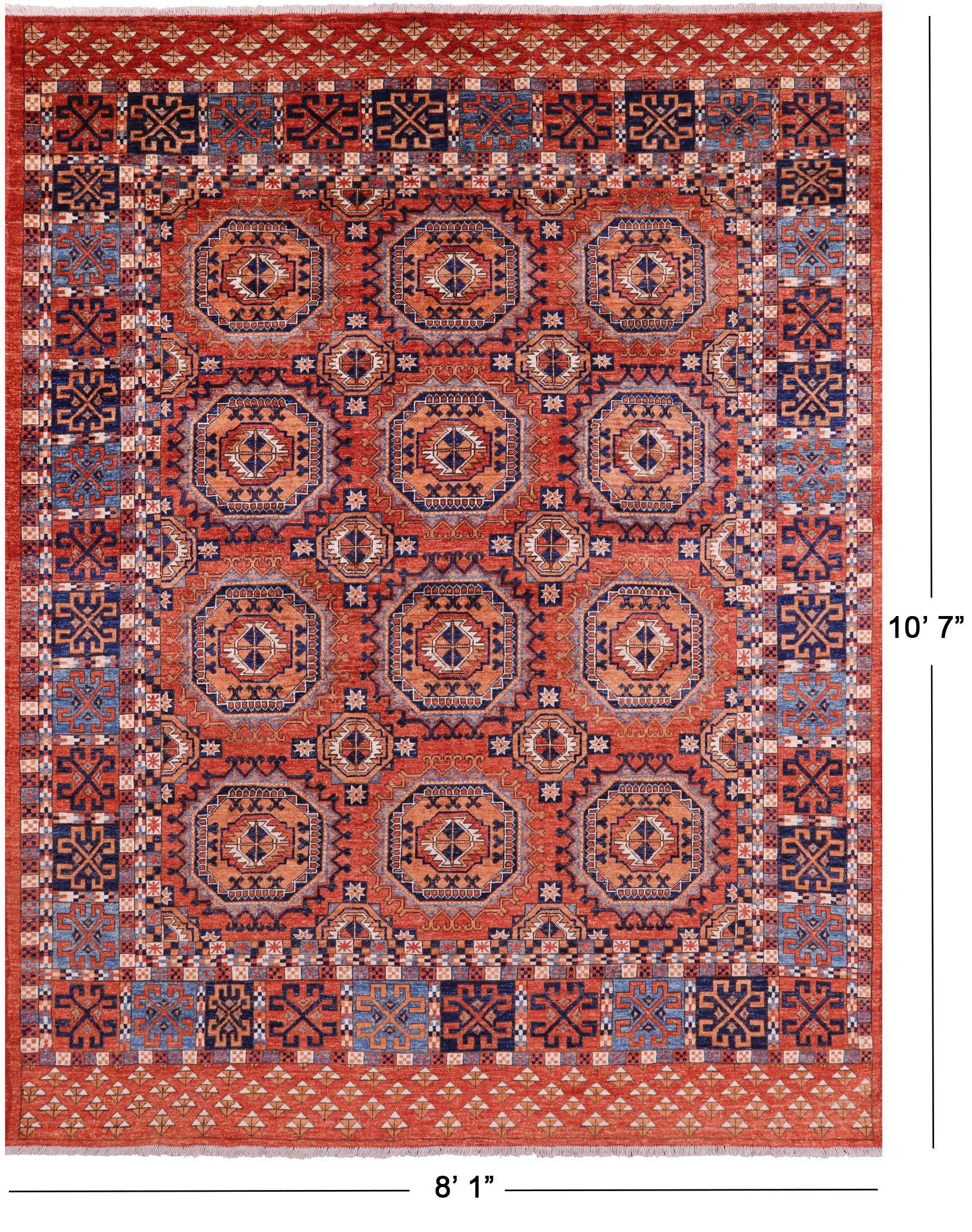 Red Turkmen Ersari Hand Knotted Wool Rug - 8' 1" X 10' 7" - Golden Nile