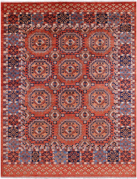 Red Turkmen Ersari Hand Knotted Wool Rug - 8' 1" X 10' 7" - Golden Nile