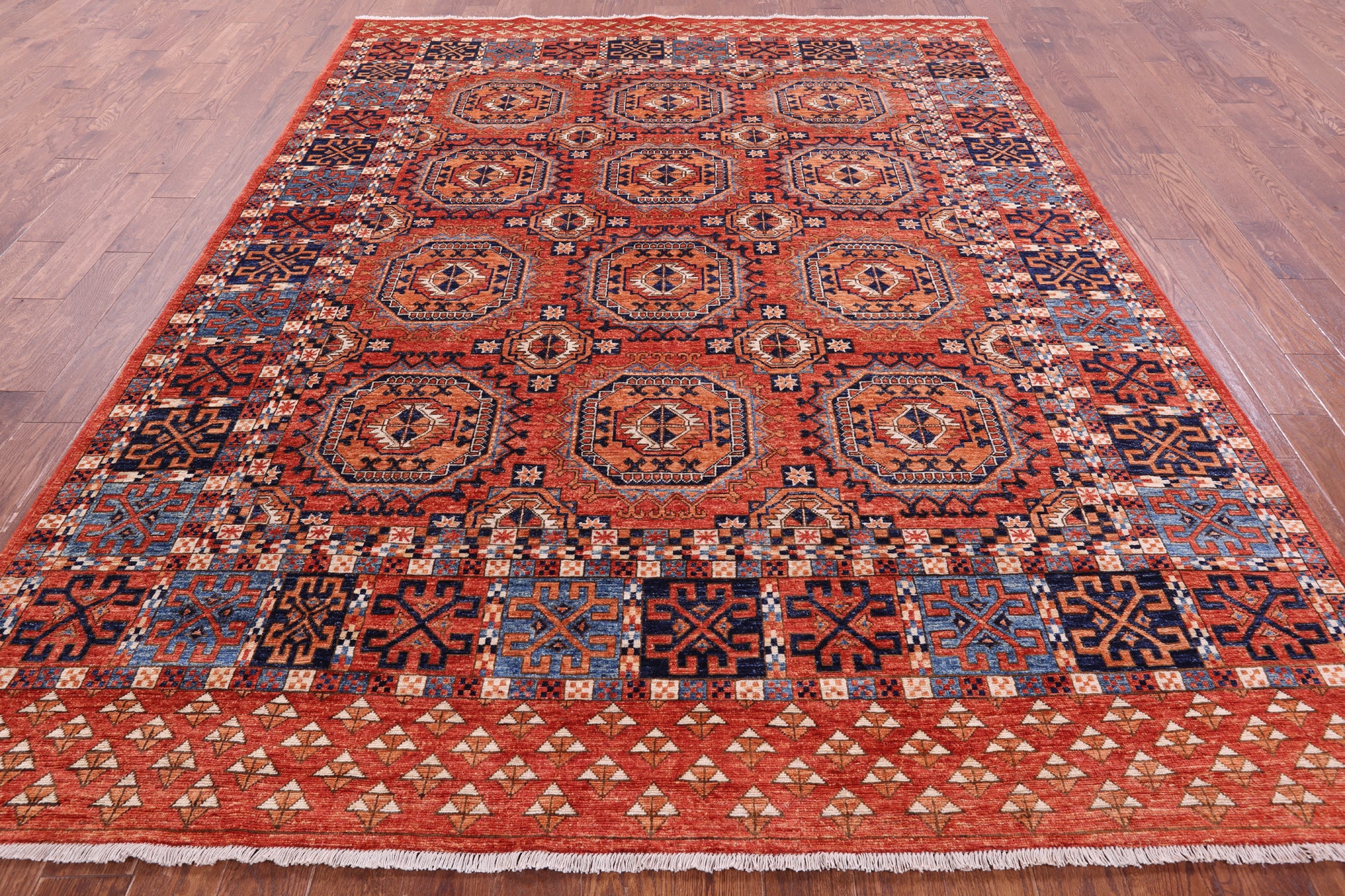 Red Turkmen Ersari Hand Knotted Wool Rug - 8' 1" X 10' 7" - Golden Nile
