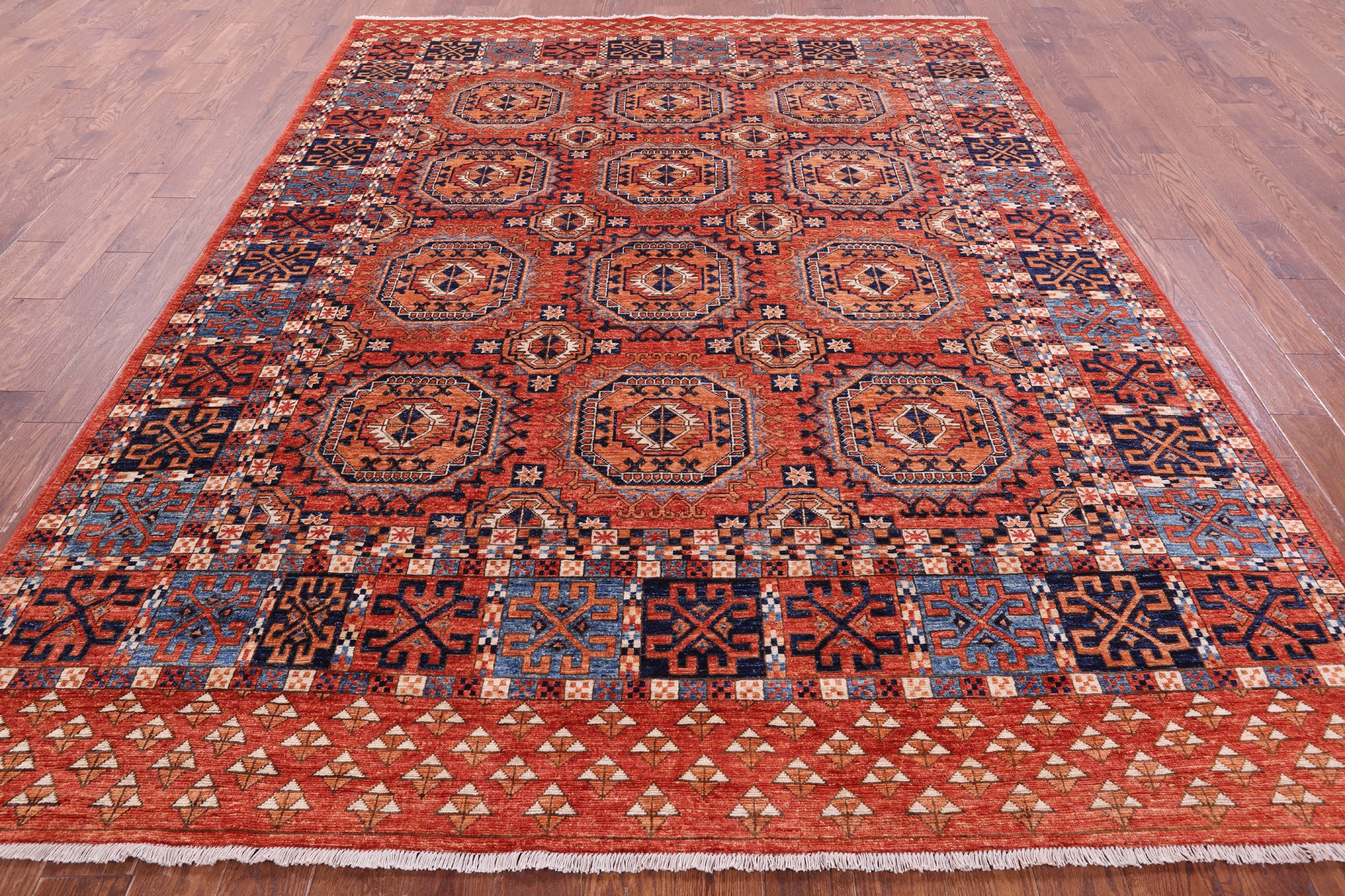 Red Turkmen Ersari Hand Knotted Wool Rug - 8' 1" X 10' 7" - Golden Nile