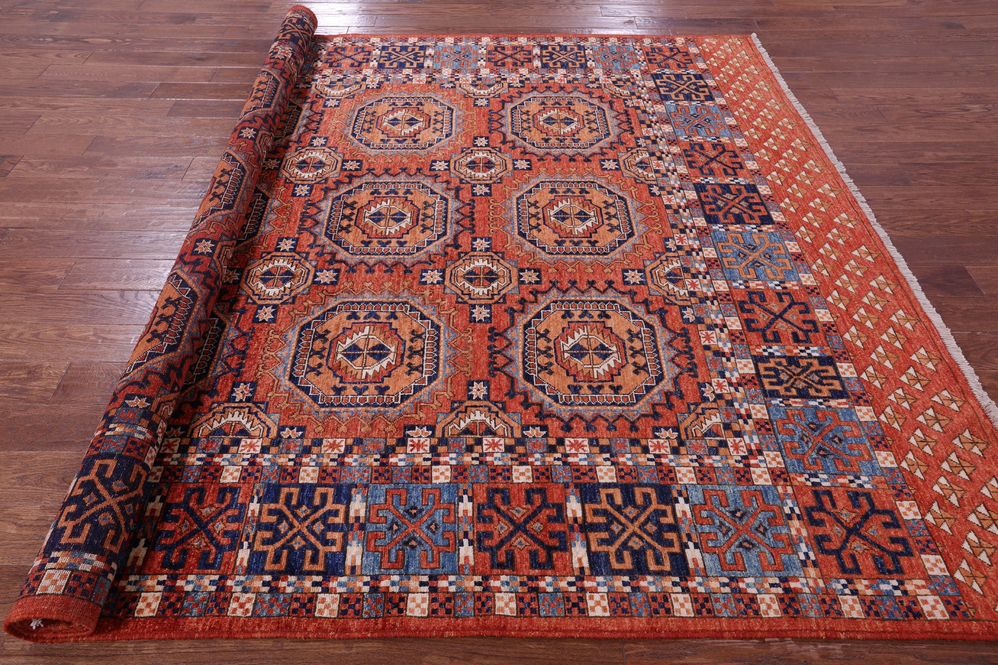 Red Turkmen Ersari Hand Knotted Wool Rug - 8' 1" X 10' 7" - Golden Nile