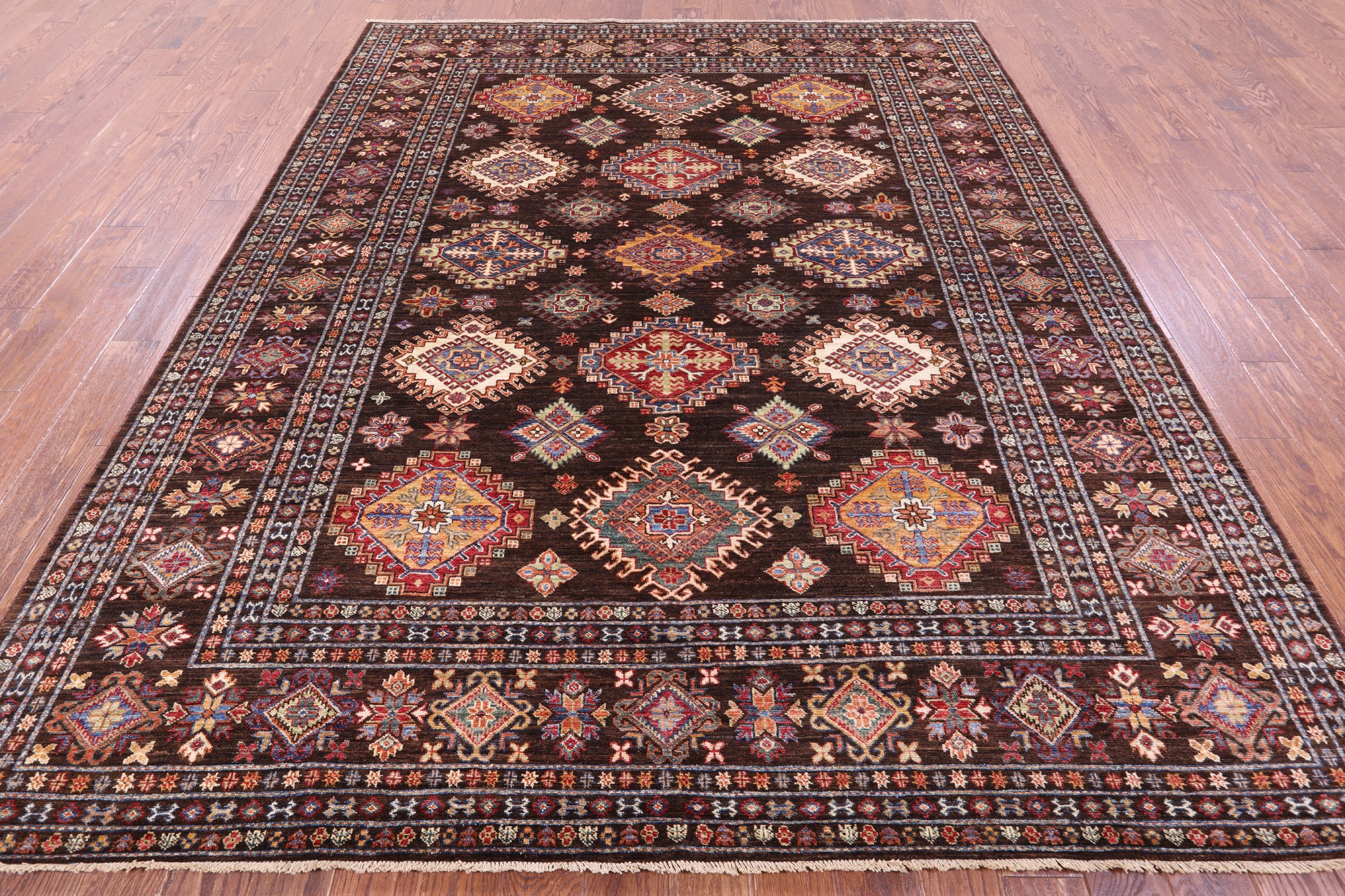 Brown Super Kazak Hand Knotted Wool Rug - 8' 2" X 10' 0" - Golden Nile