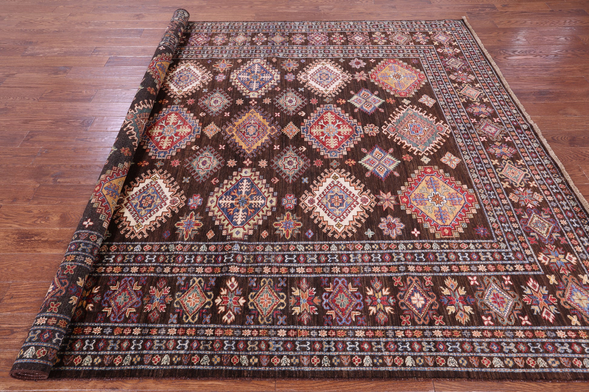 Brown Super Kazak Hand Knotted Wool Rug - 8' 2" X 10' 0" - Golden Nile