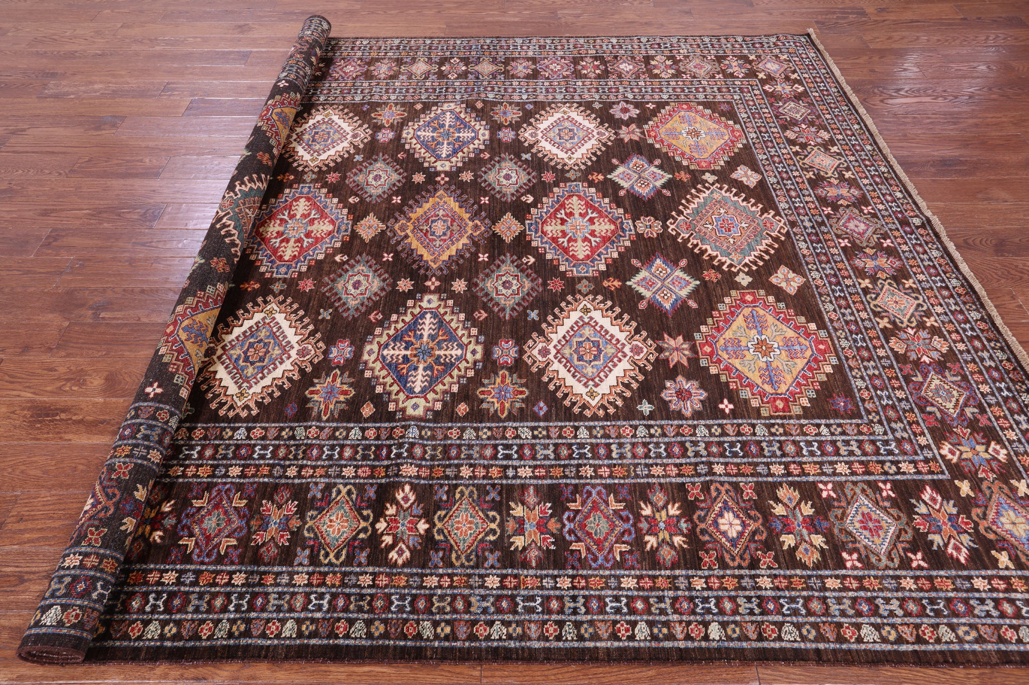 Brown Super Kazak Hand Knotted Wool Rug - 8' 2" X 10' 0" - Golden Nile