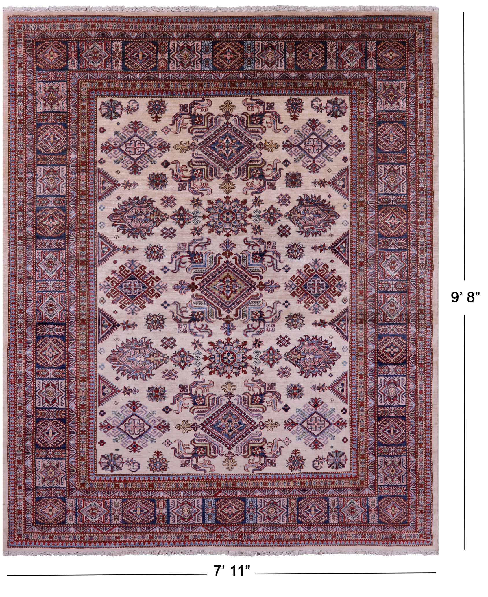 Ivory Super Kazak Hand Knotted Wool Rug - 7' 11" X 9' 8" - Golden Nile
