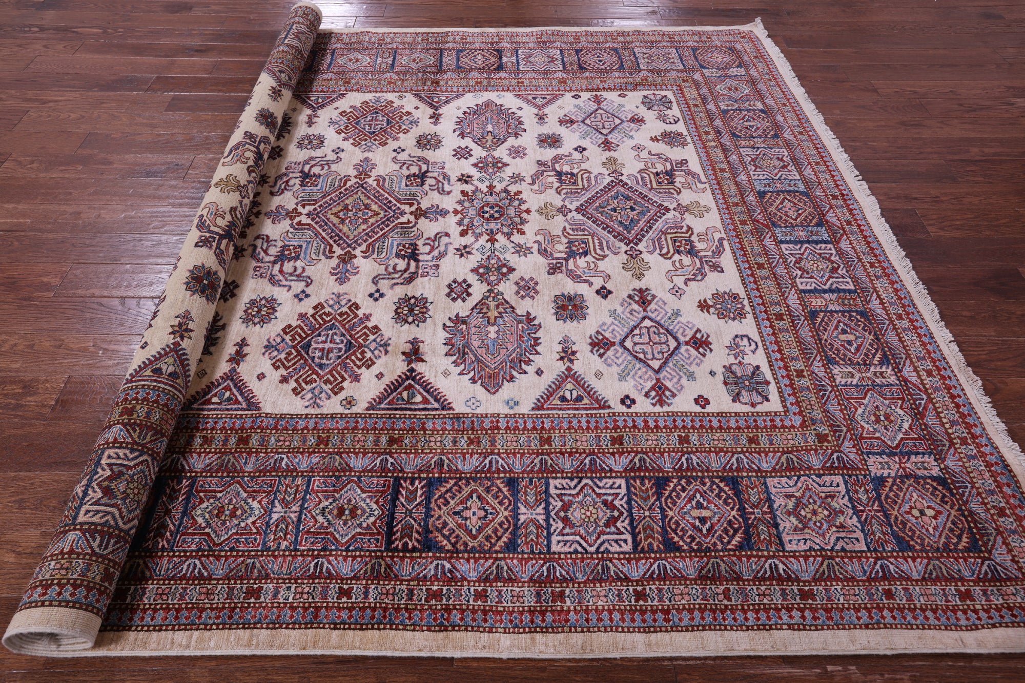 Ivory Super Kazak Hand Knotted Wool Rug - 7' 11" X 9' 8" - Golden Nile