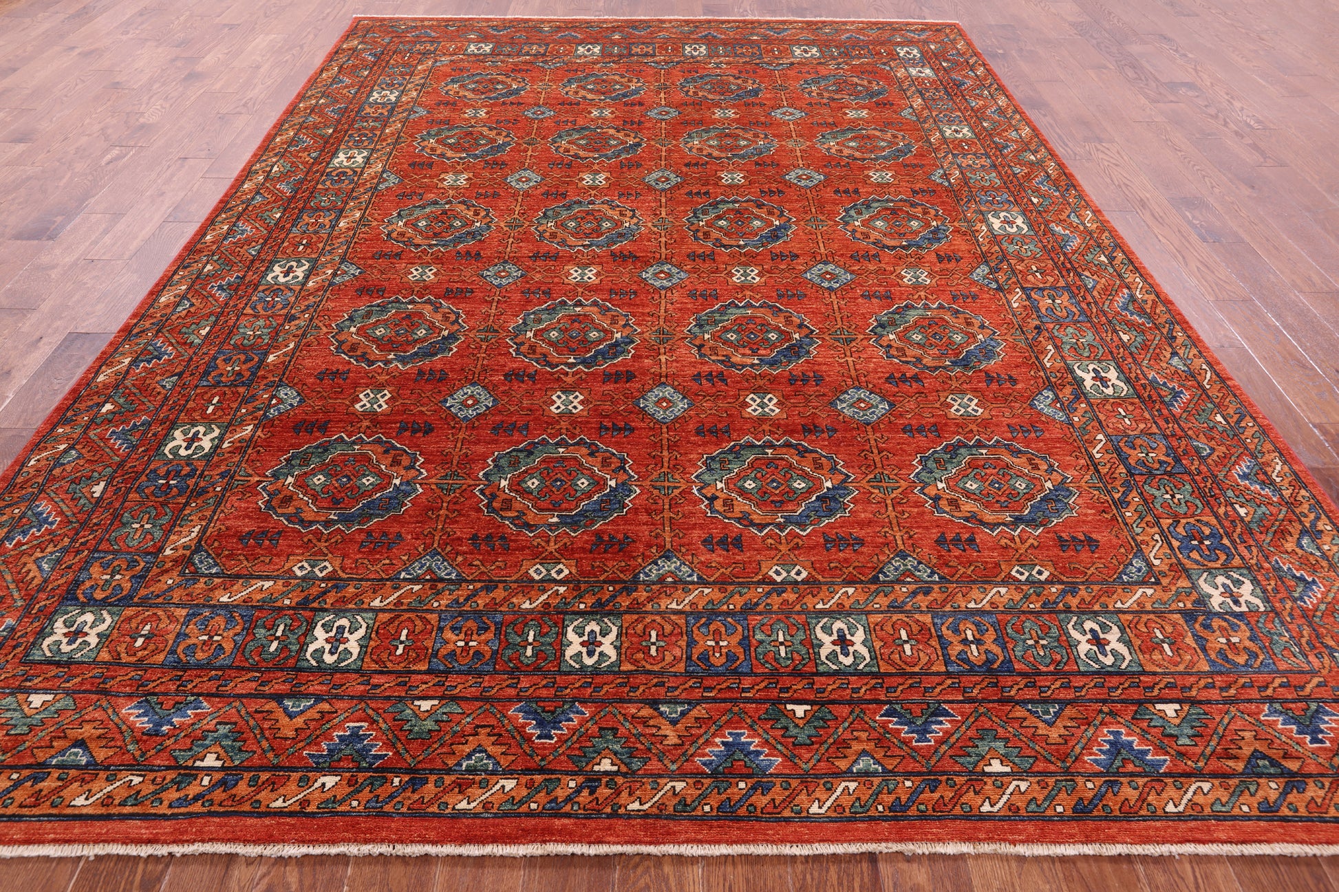 Red Turkmen Ersari Hand Knotted Wool Rug - 8' 11" X 12' 1" - Golden Nile