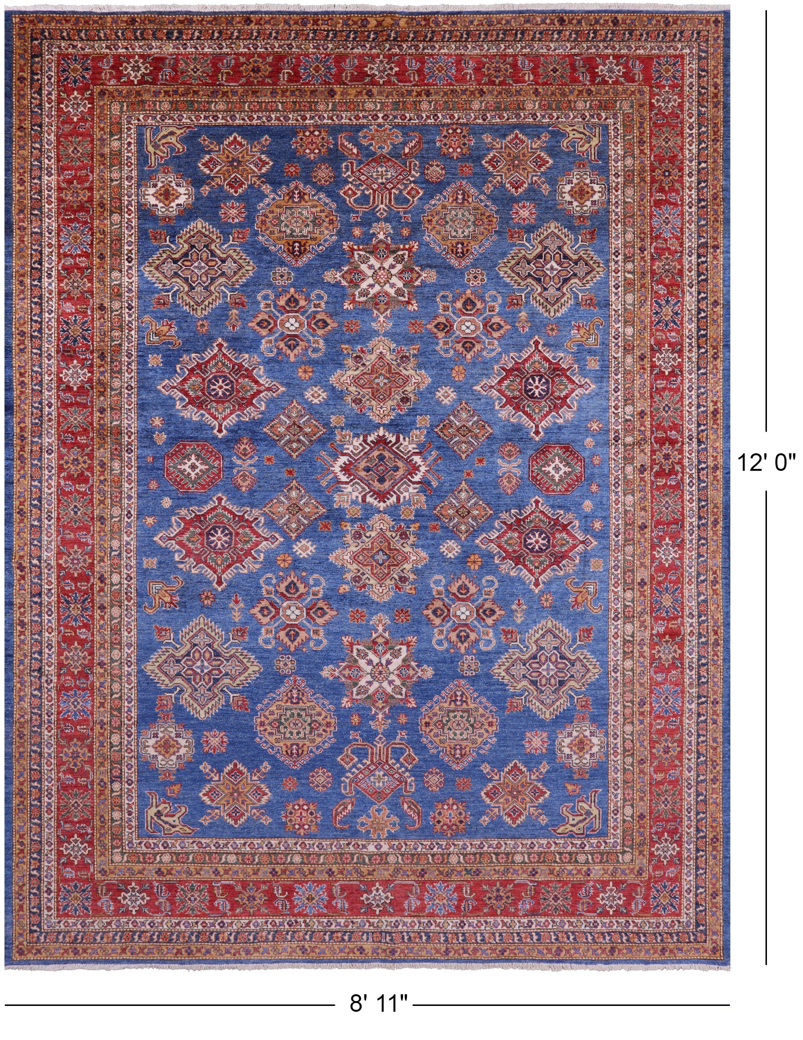 Blue Super Kazak Hand Knotted Wool Rug - 8' 11" X 12' 0" - Golden Nile
