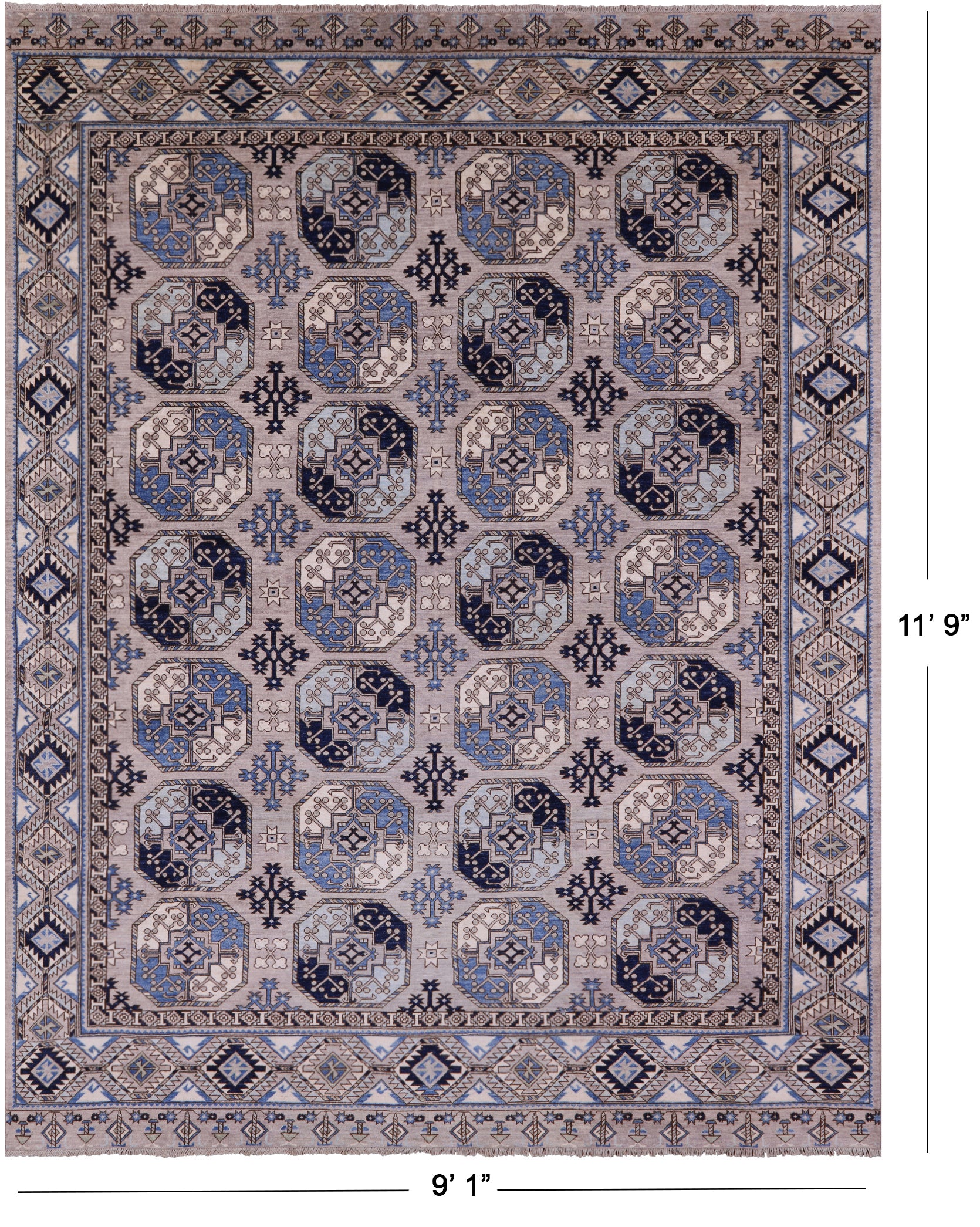 Grey Turkmen Ersari Hand Knotted Wool Rug - 9' 1" X 11' 9" - Golden Nile