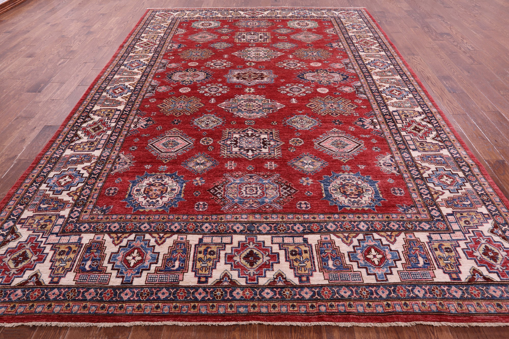 Red Super Kazak Hand Knotted Wool Rug - 9' 1" X 12' 7" - Golden Nile