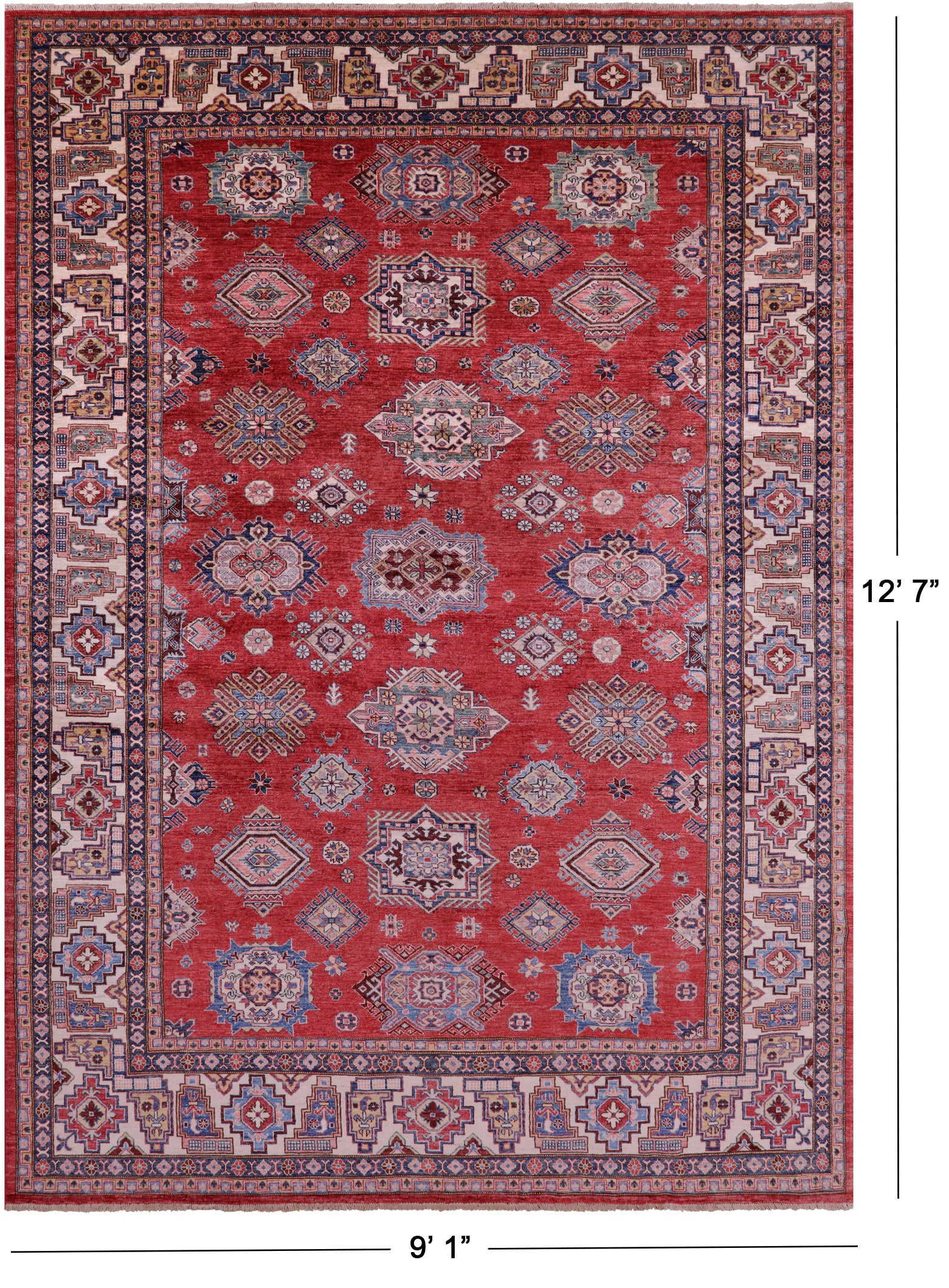 Red Super Kazak Hand Knotted Wool Rug - 9' 1" X 12' 7" - Golden Nile