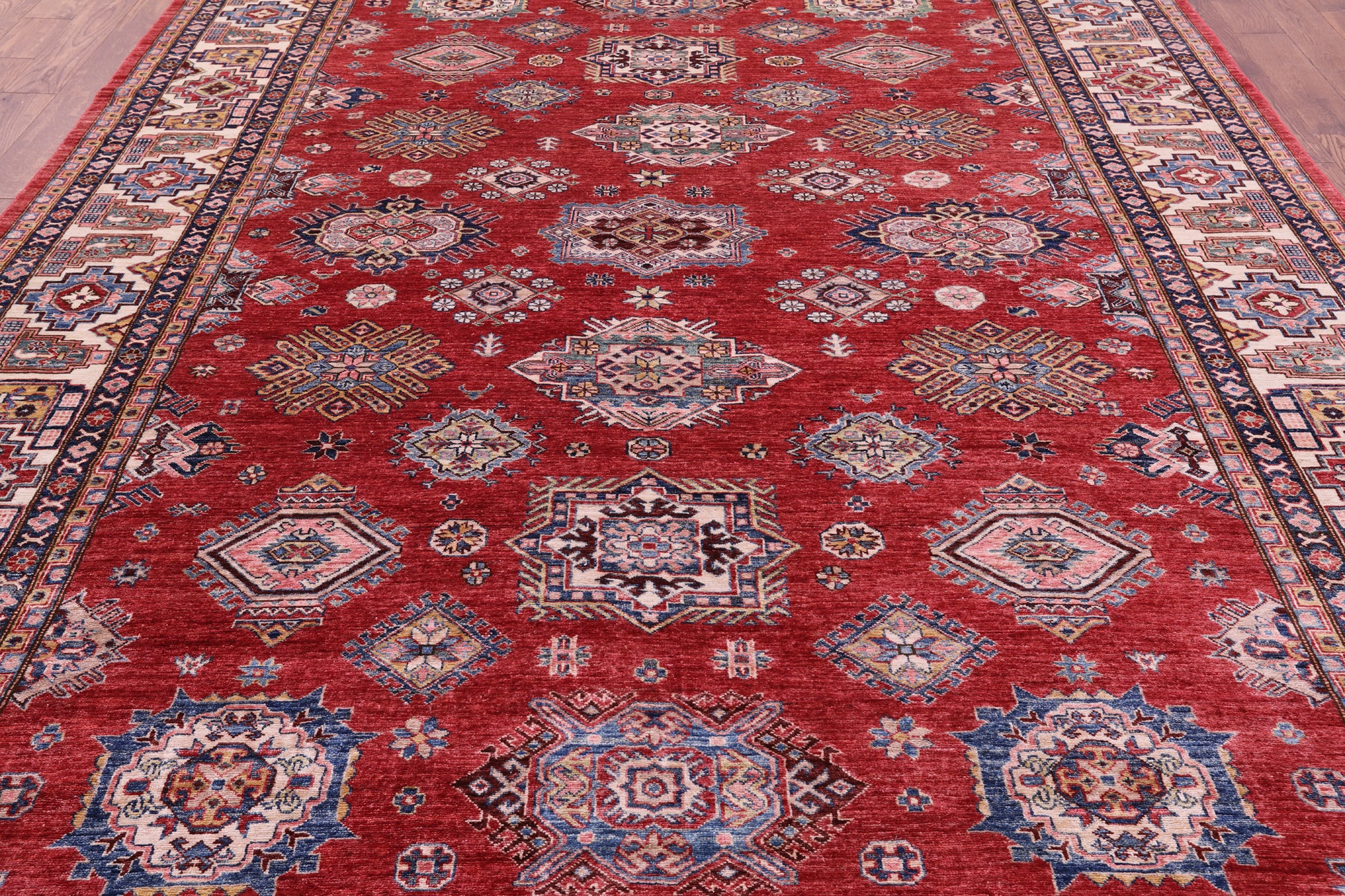 Red Super Kazak Hand Knotted Wool Rug - 9' 1" X 12' 7" - Golden Nile