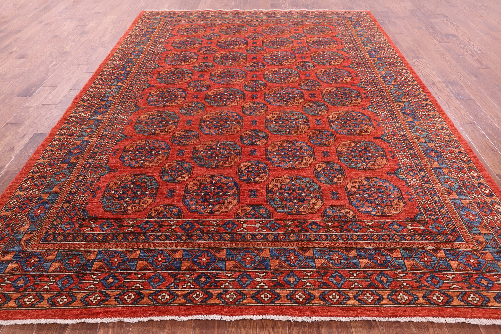 Red Turkmen Ersari Hand Knotted Wool Rug - 9' 2" X 11' 7" - Golden Nile
