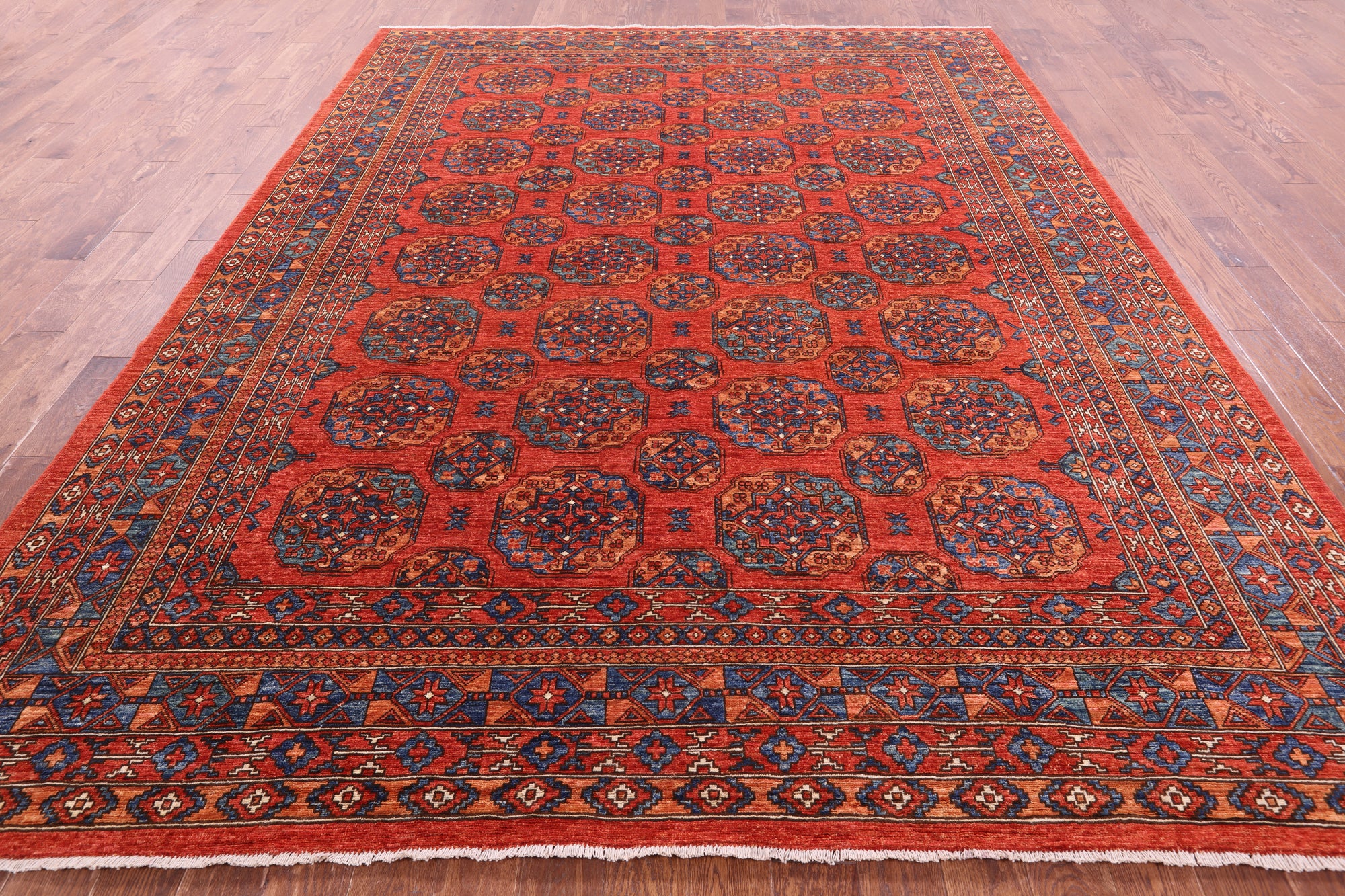 Red Turkmen Ersari Hand Knotted Wool Rug - 9' 2" X 11' 7" - Golden Nile