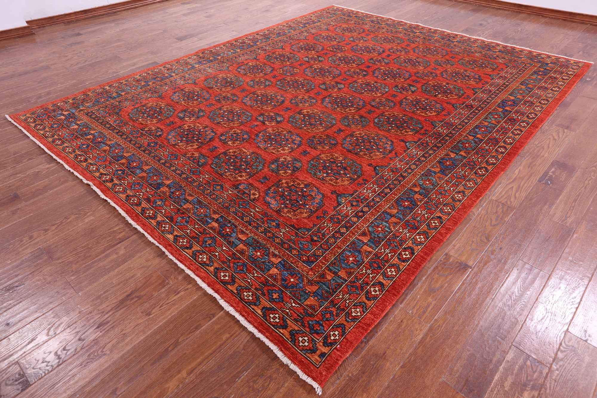 Red Turkmen Ersari Hand Knotted Wool Rug - 9' 2" X 11' 7" - Golden Nile