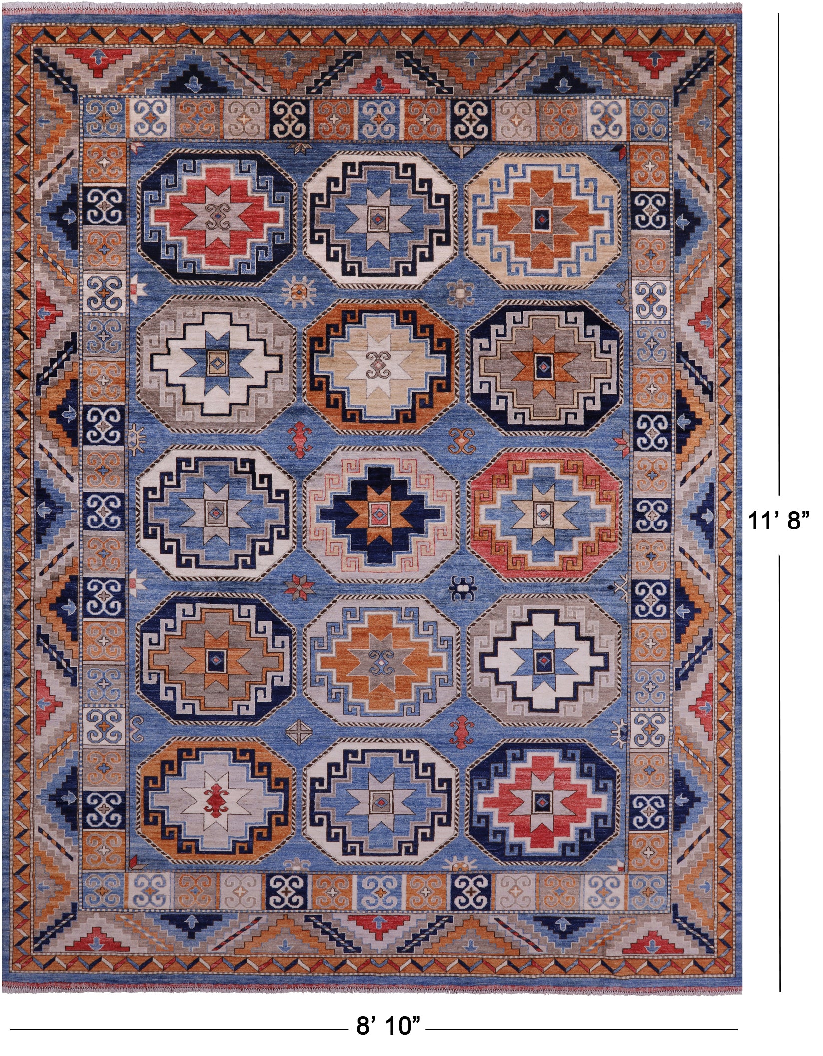 Blue Turkmen Ersari Handmade Wool Rug - 8' 10" X 11' 8" - Golden Nile
