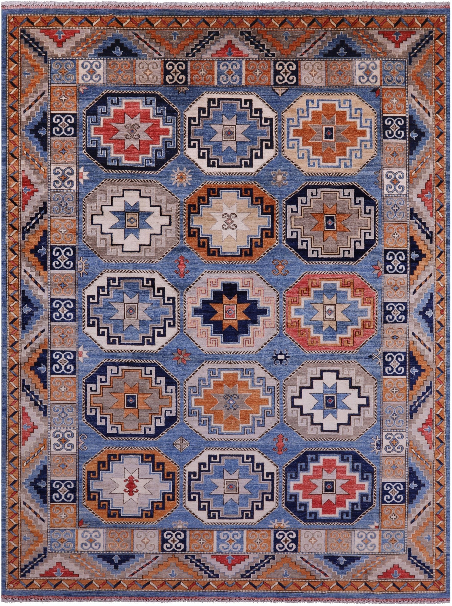 Blue Turkmen Ersari Handmade Wool Rug - 8' 10" X 11' 8" - Golden Nile