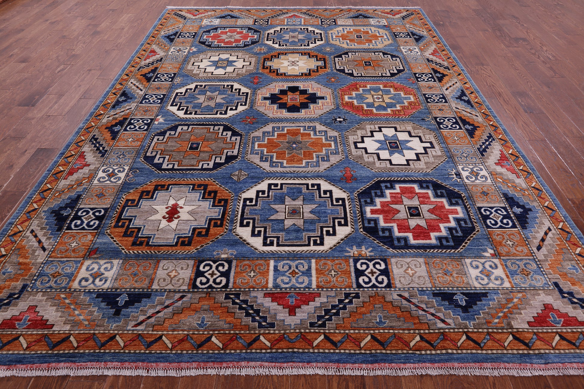 Blue Turkmen Ersari Handmade Wool Rug - 8' 10" X 11' 8" - Golden Nile