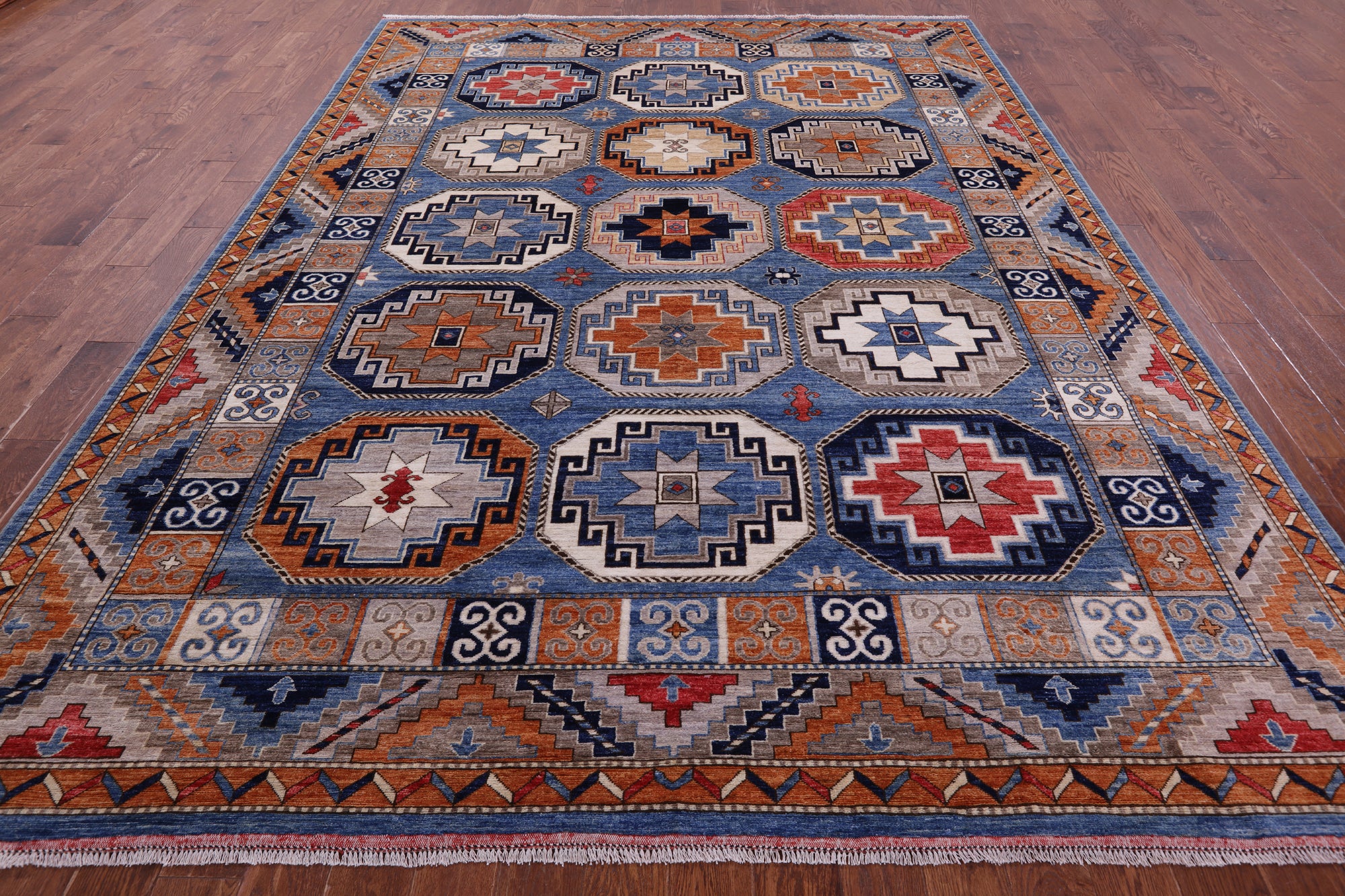 Blue Turkmen Ersari Handmade Wool Rug - 8' 10" X 11' 8" - Golden Nile
