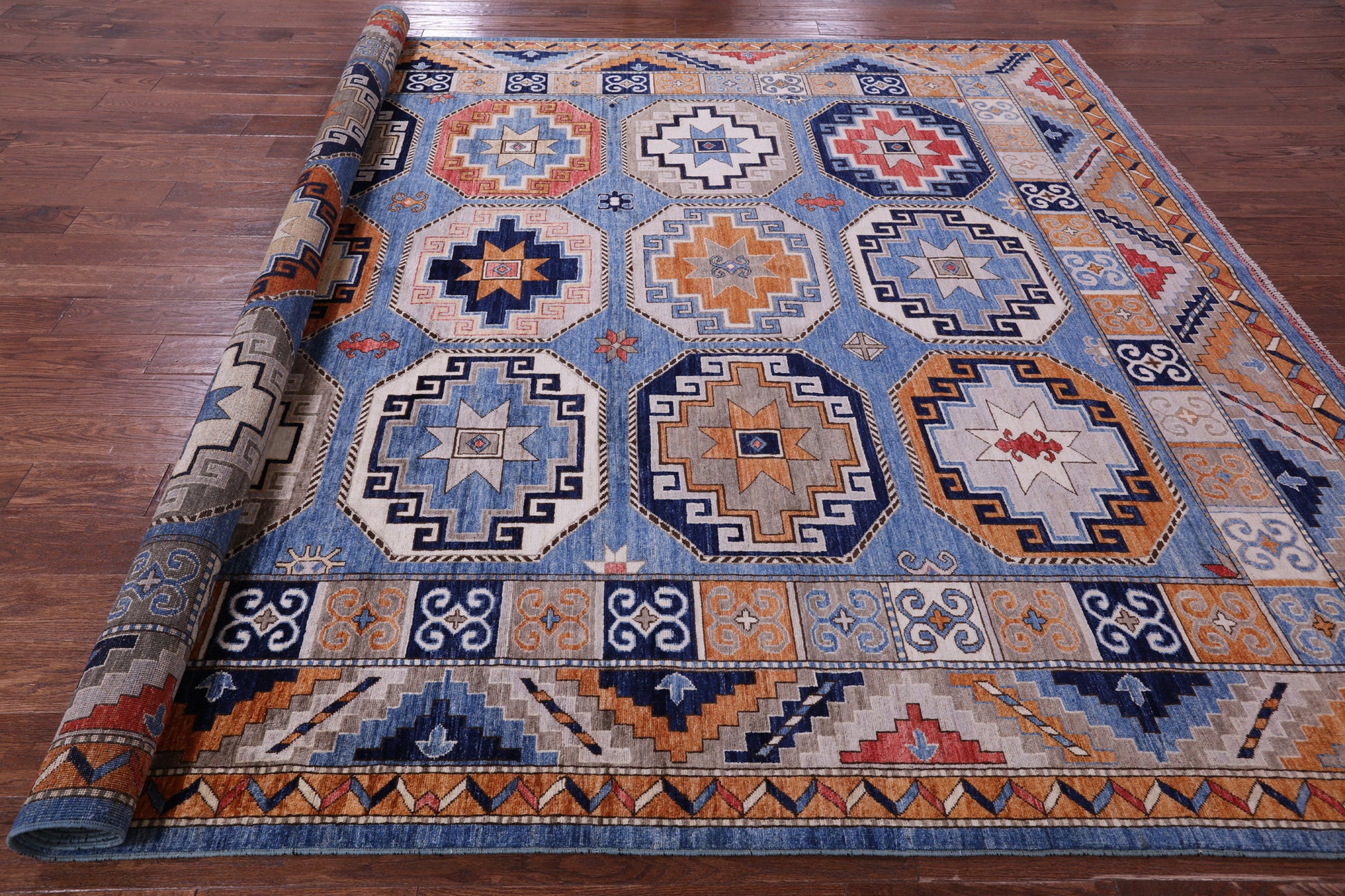 Blue Turkmen Ersari Handmade Wool Rug - 8' 10" X 11' 8" - Golden Nile
