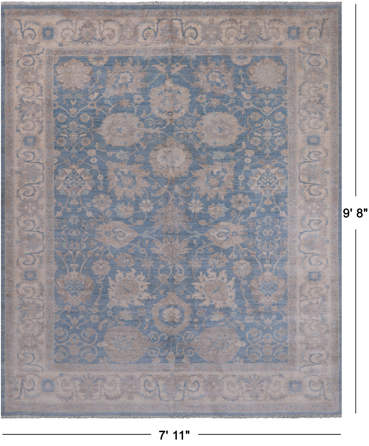 Blue Turkish Oushak Hand Knotted Wool Rug - 7' 11" X 9' 8"