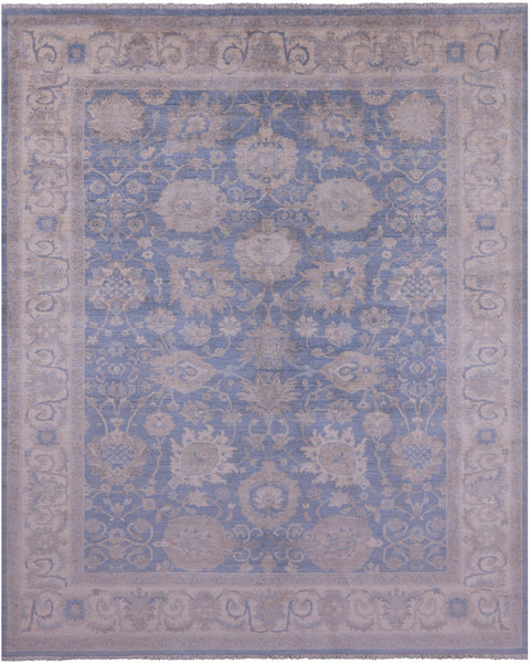 Blue Turkish Oushak Hand Knotted Wool Rug - 7' 11" X 9' 8" - Golden Nile