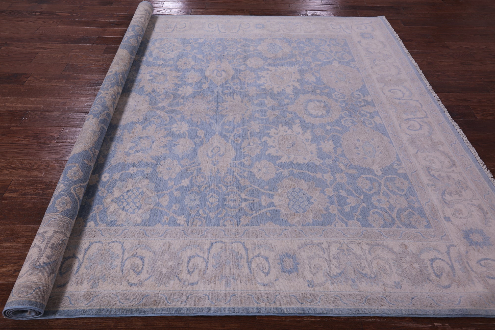 Blue Turkish Oushak Hand Knotted Wool Rug - 7' 11" X 9' 8" - Golden Nile