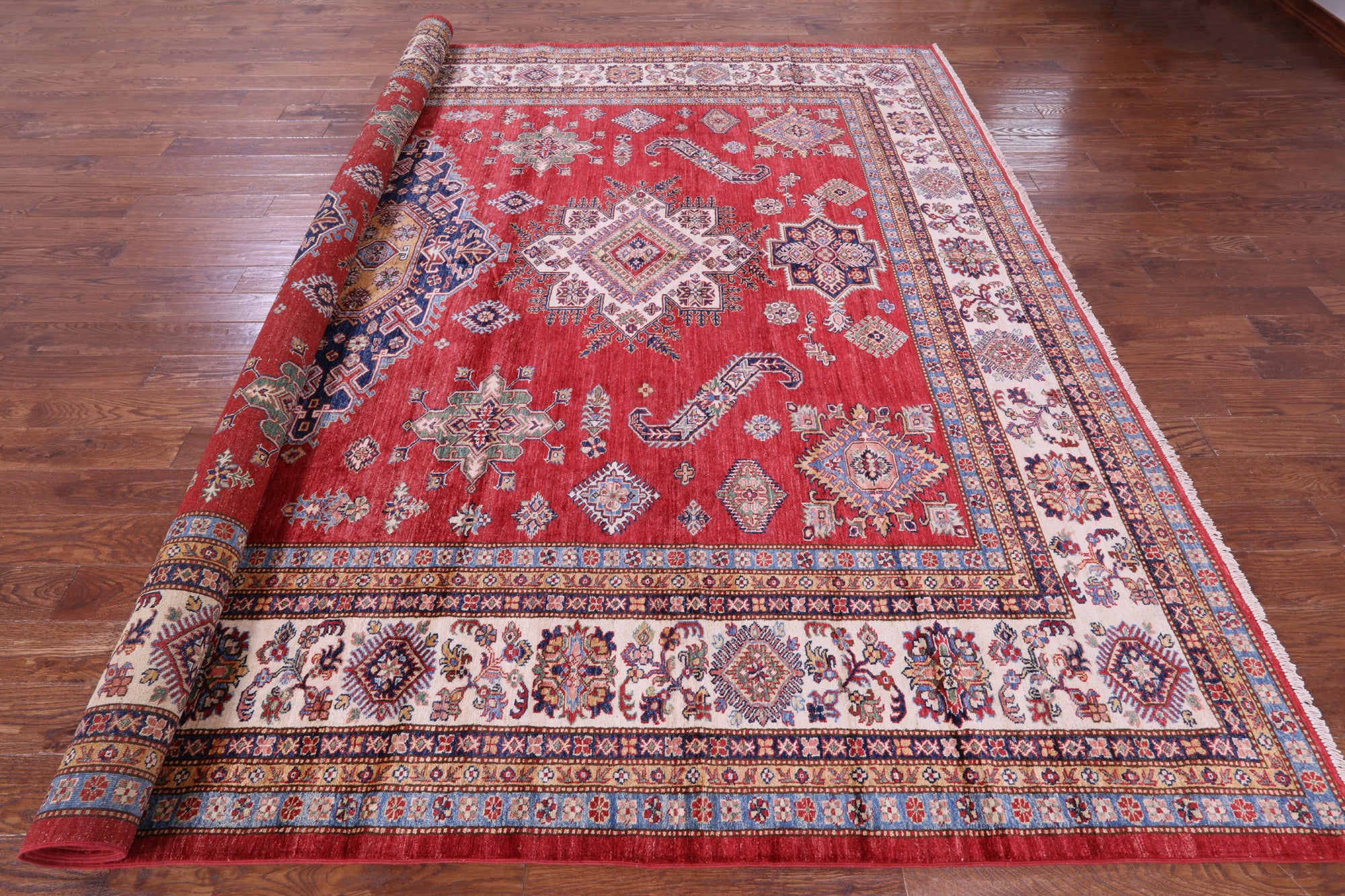 Red Super Kazak Hand Knotted Wool Rug - 10' 4" X 13' 3" - Golden Nile