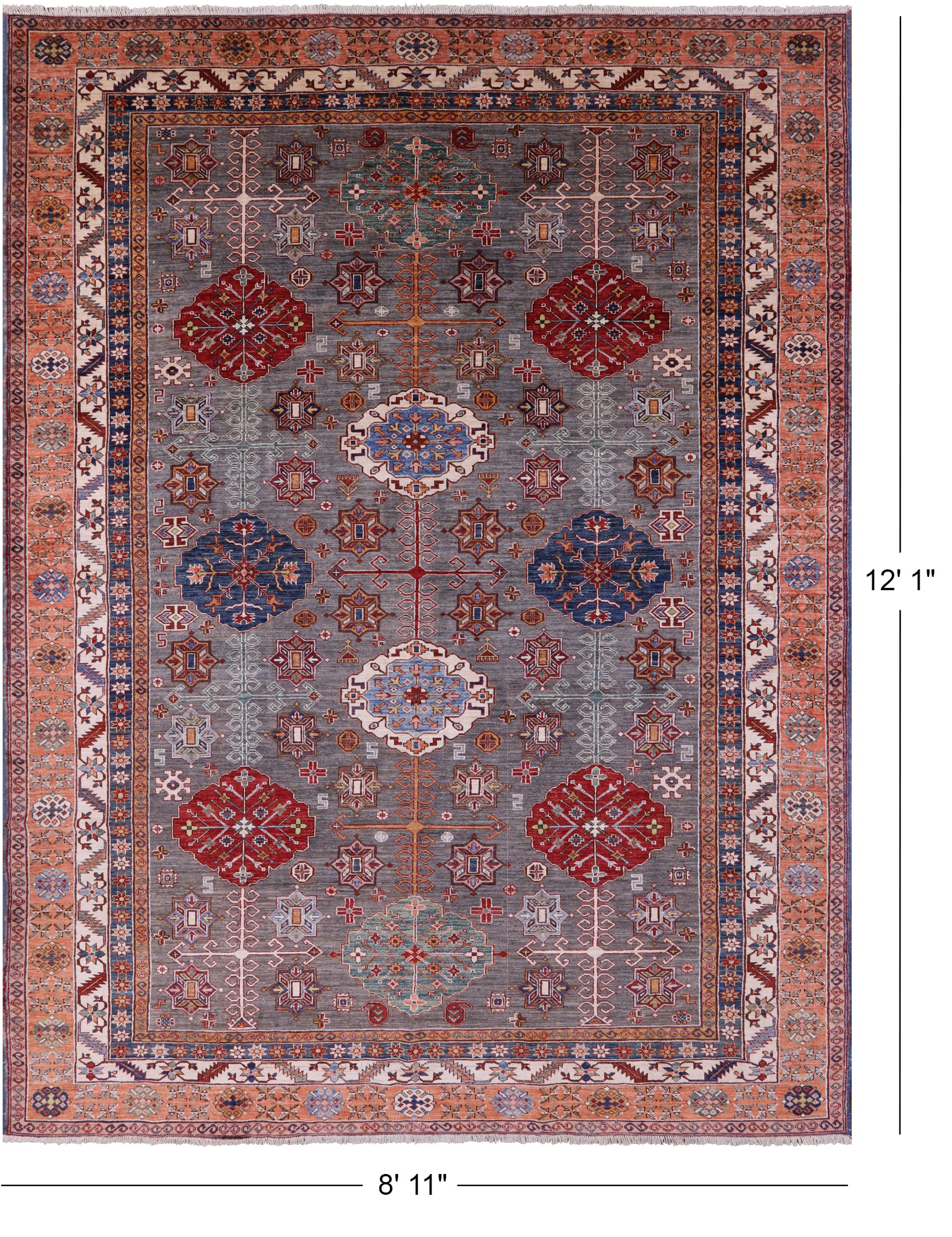 Super Kazak Hand Knotted Wool Rug - 8' 11" X 12' 1" - Golden Nile