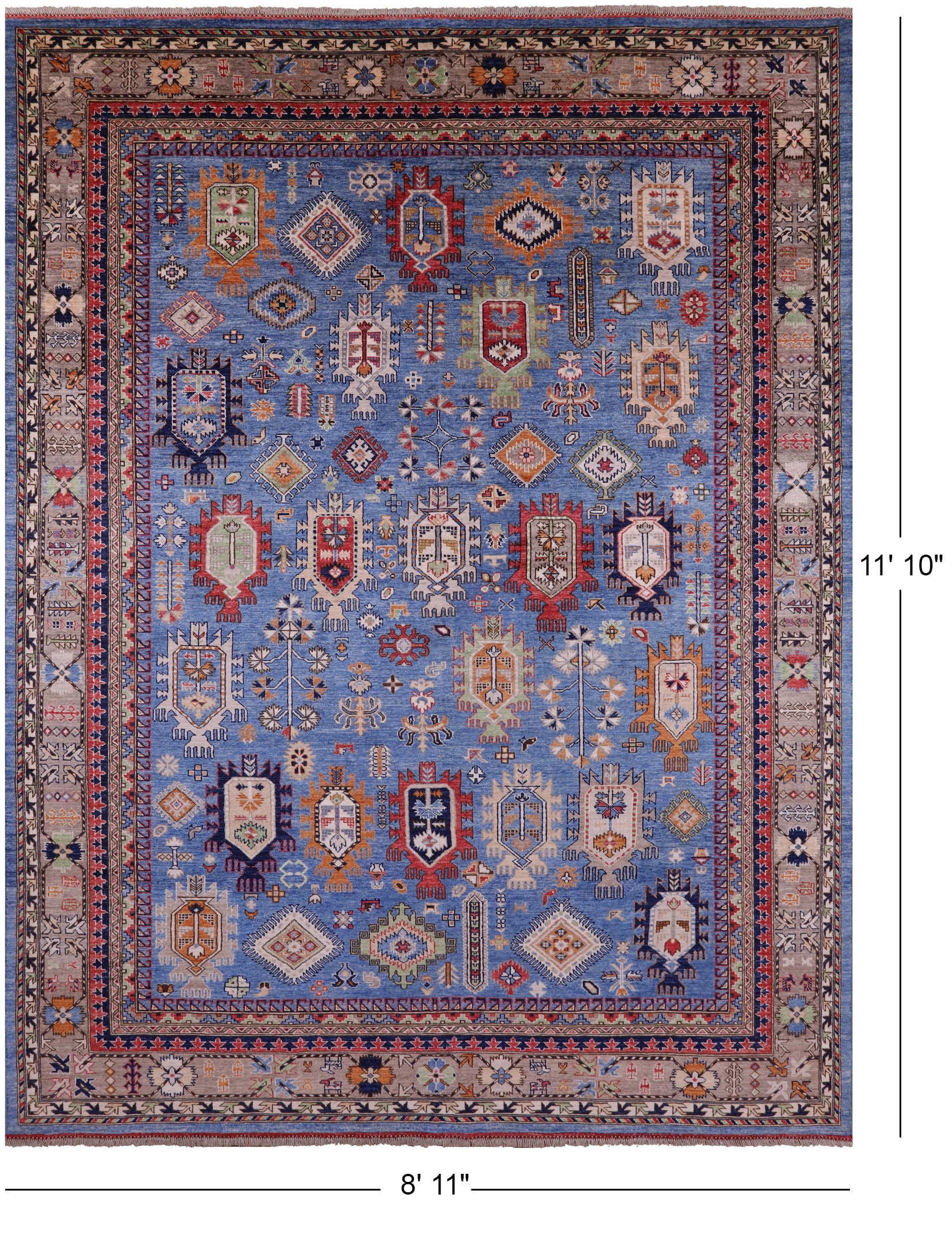 Blue Turkmen Ersari Hand Knotted Wool Rug - 8' 11" X 11' 10" - Golden Nile