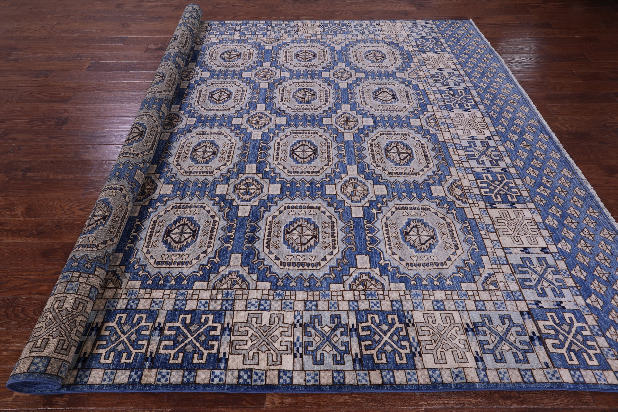 Blue Turkmen Ersari Hand Knotted Wool Rug - 9' 2" X 12' 3" - Golden Nile