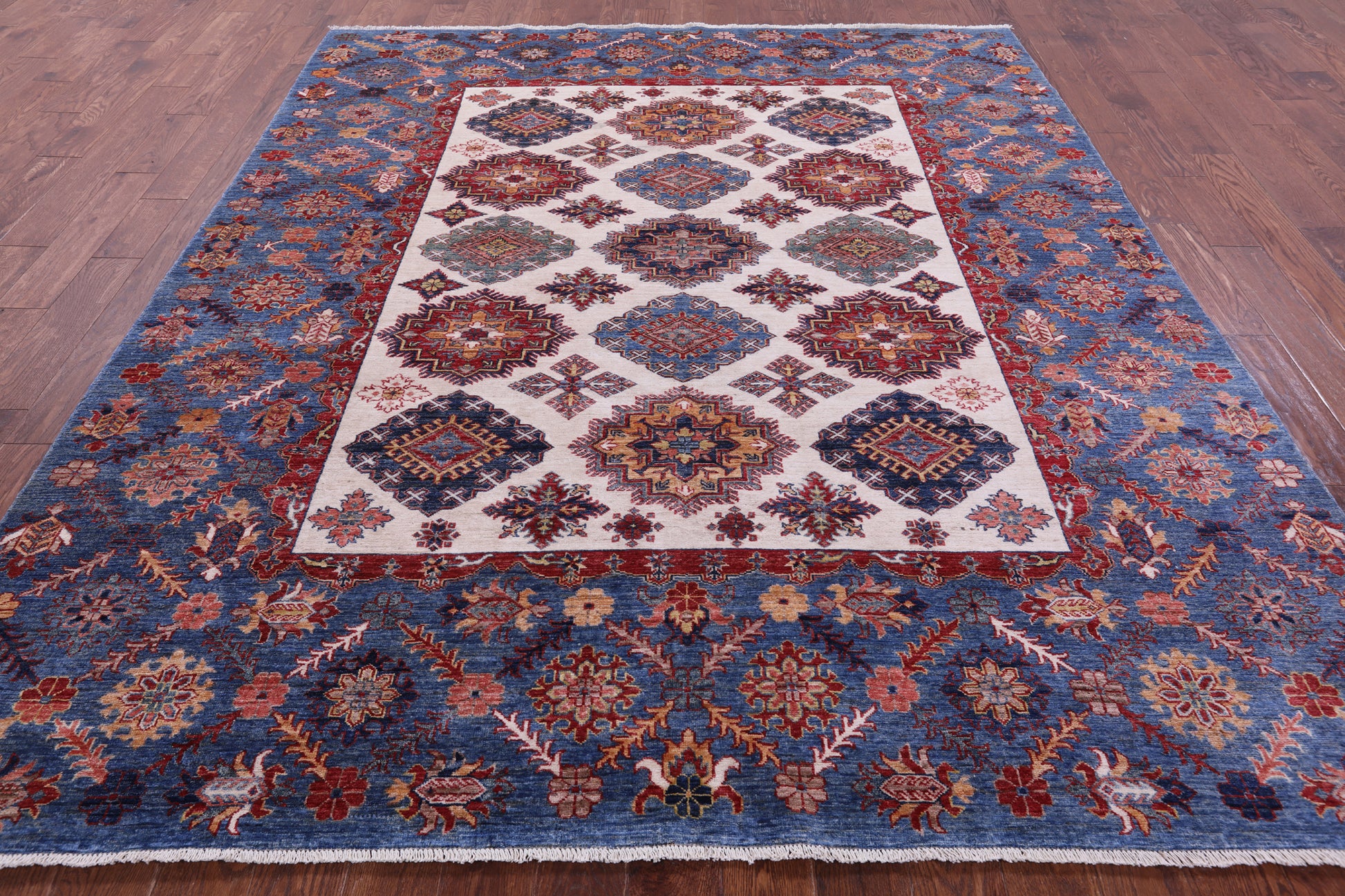 Ivory Super Kazak Handmade Wool Rug - 8' 0" X 9' 7" - Golden Nile