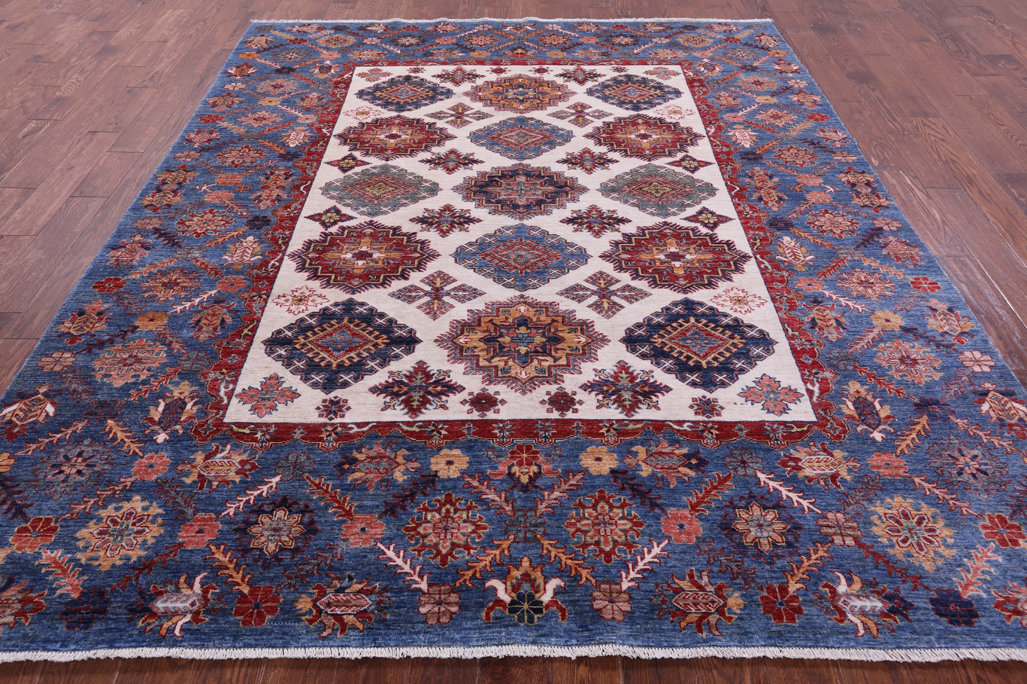 Ivory Super Kazak Handmade Wool Rug - 8' 0" X 9' 7" - Golden Nile