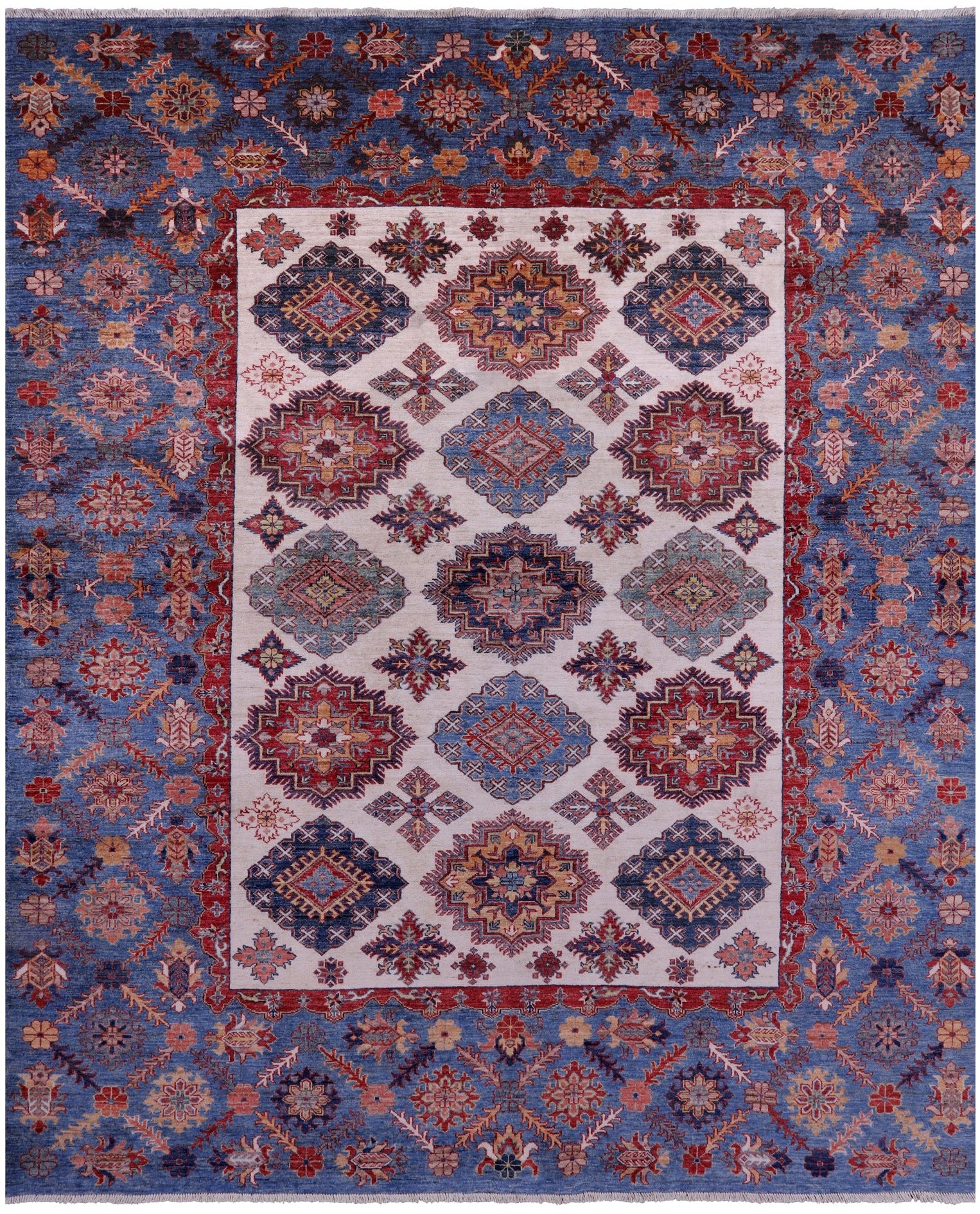 Ivory Super Kazak Handmade Wool Rug - 8' 0" X 9' 7" - Golden Nile