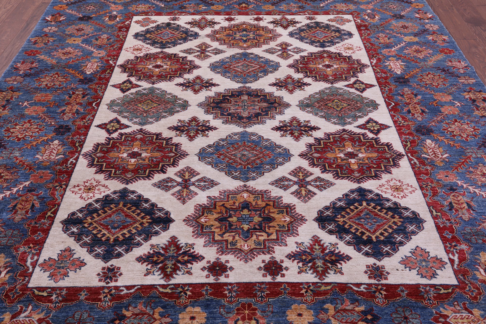 Ivory Super Kazak Handmade Wool Rug - 8' 0" X 9' 7" - Golden Nile