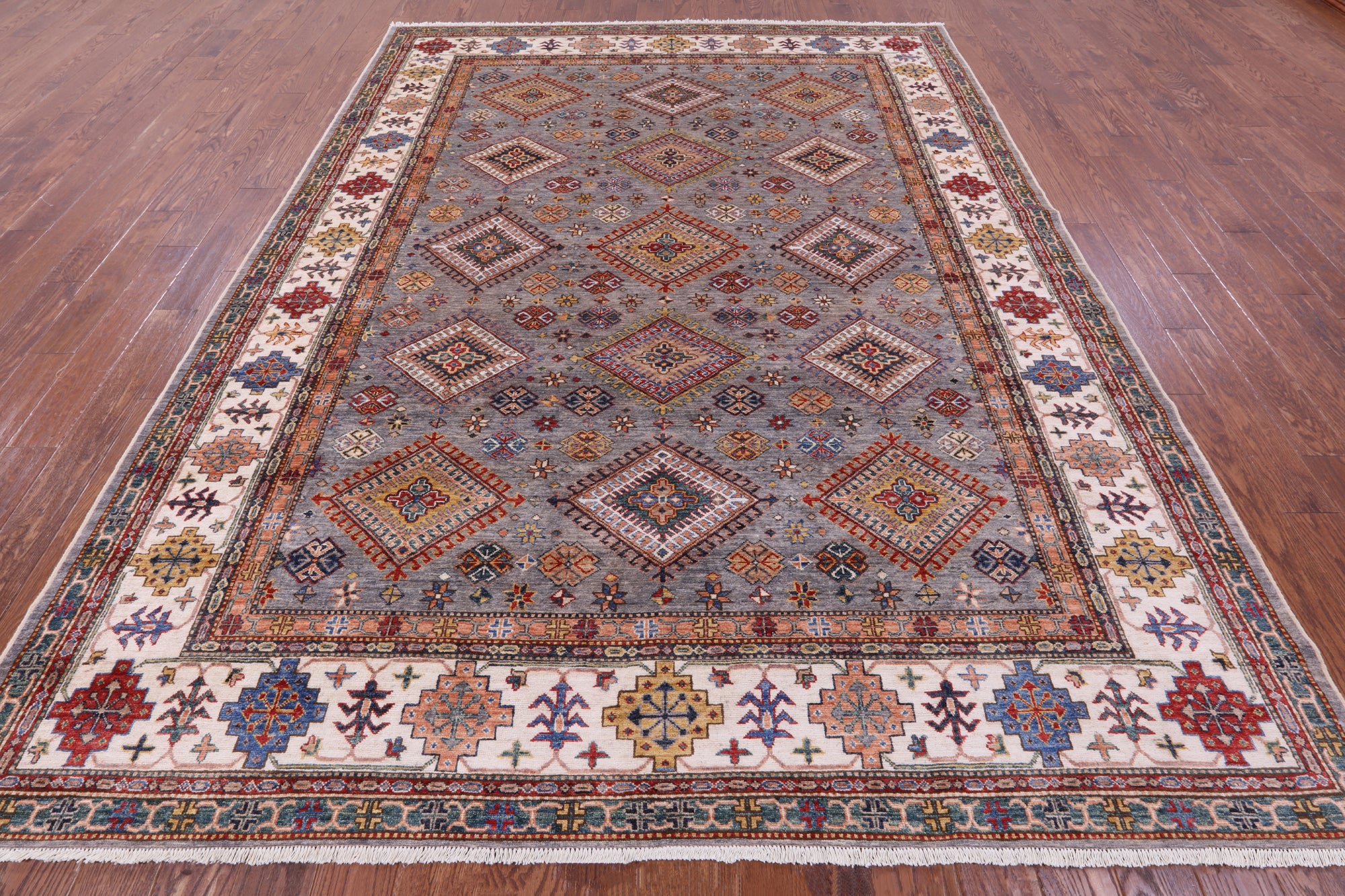 Grey Super Kazak Hand Knotted Wool Rug - 8' 4" X 10' 11" - Golden Nile